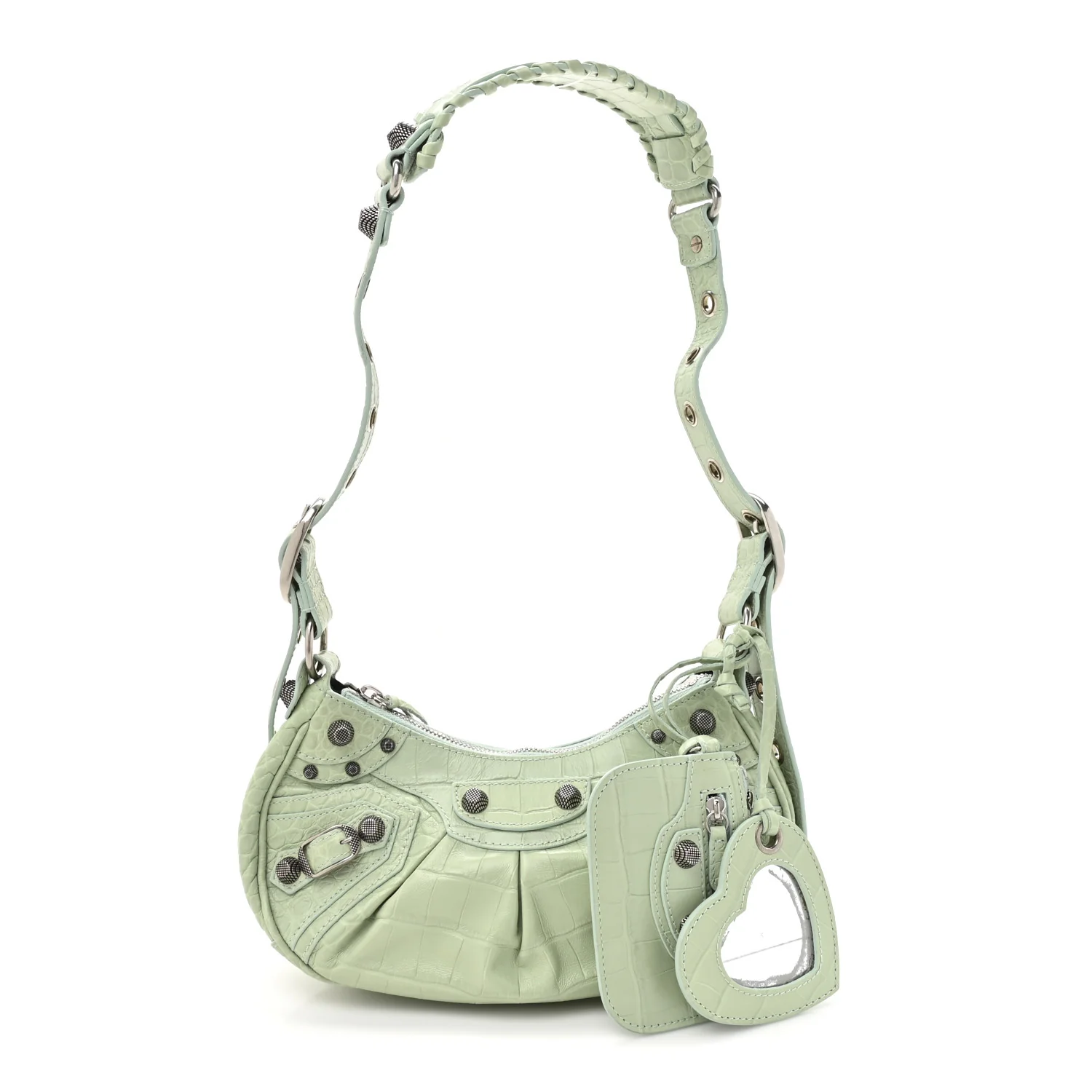 Extra Supple Calfskin Crocodile Embossed Le Cagole Shoulder Bag XS Light Green - Image 3