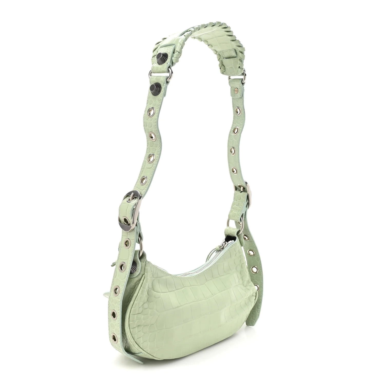 Extra Supple Calfskin Crocodile Embossed Le Cagole Shoulder Bag XS Light Green - Image 4