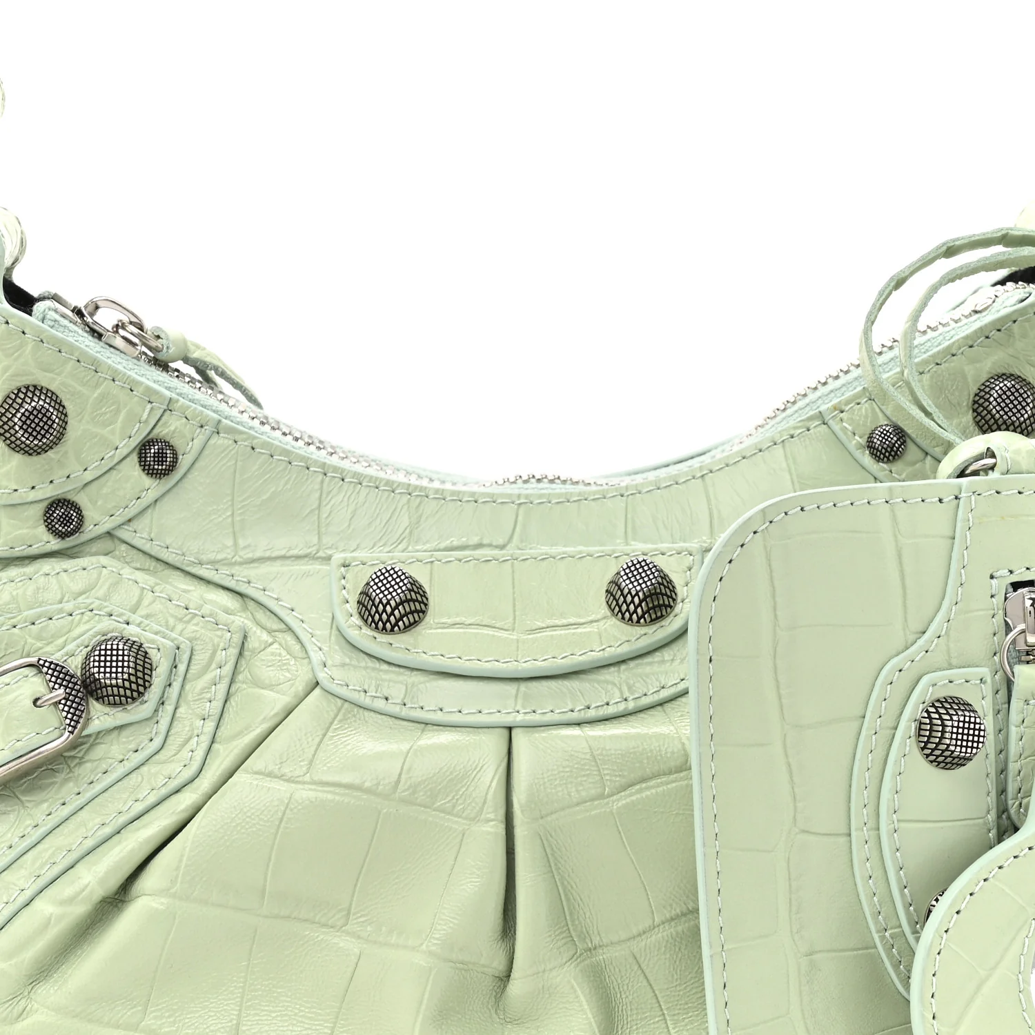 Extra Supple Calfskin Crocodile Embossed Le Cagole Shoulder Bag XS Light Green - Image 9