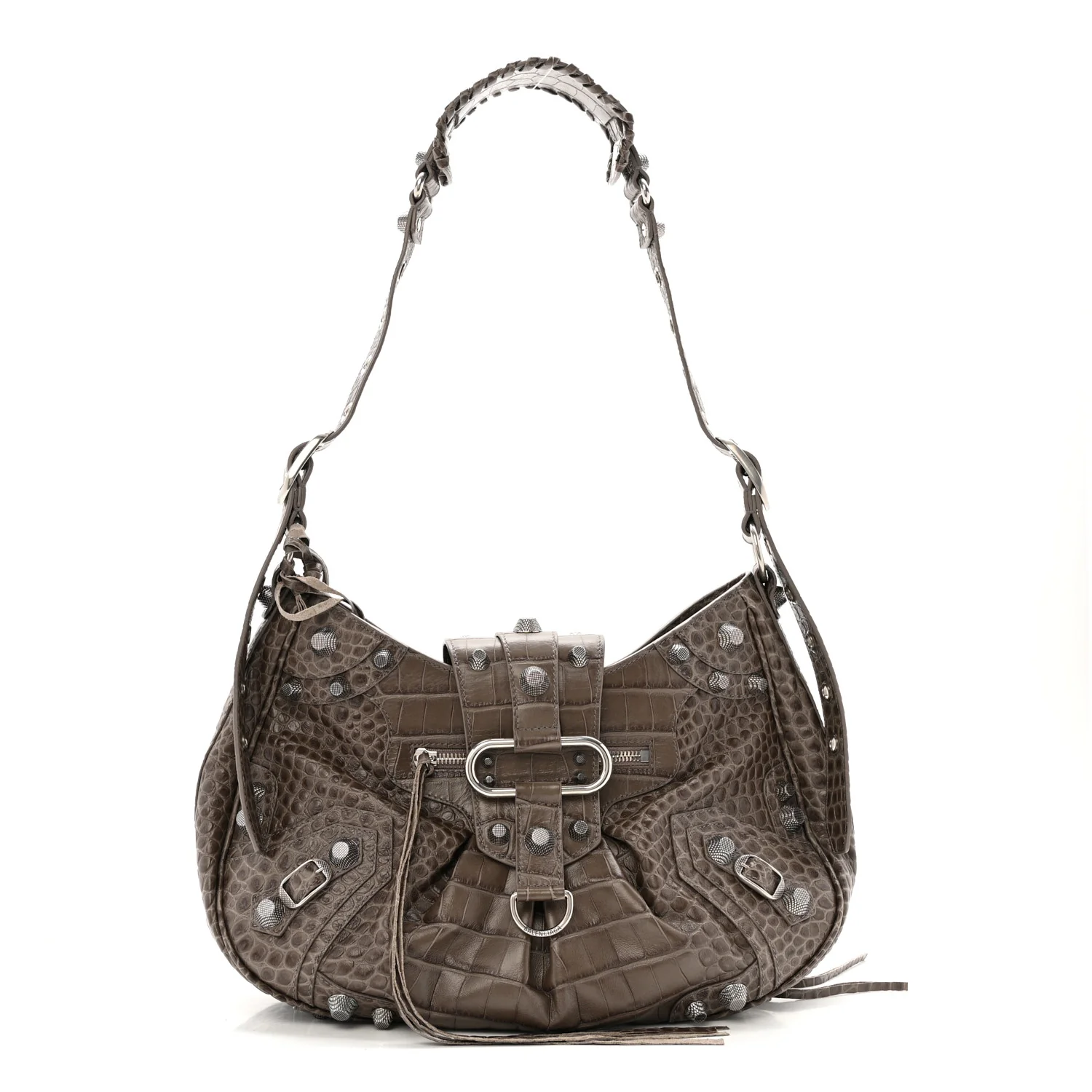 Extra Supple Calfskin Crocodile Embossed Medium Le Cagole Shoulder Bag Medium Grey