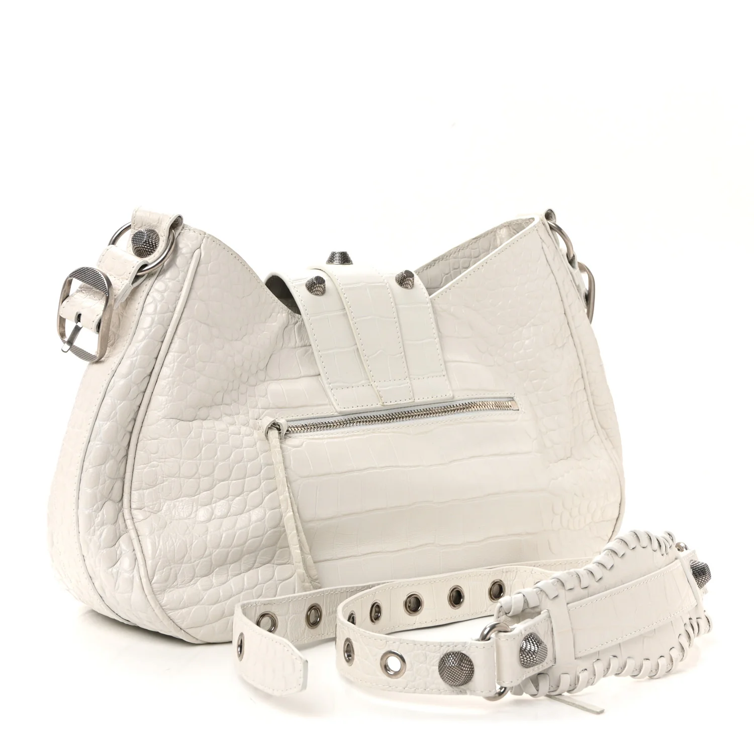 Extra Supple Calfskin Crocodile Embossed Medium Le Cagole Shoulder Bag White - Image 3