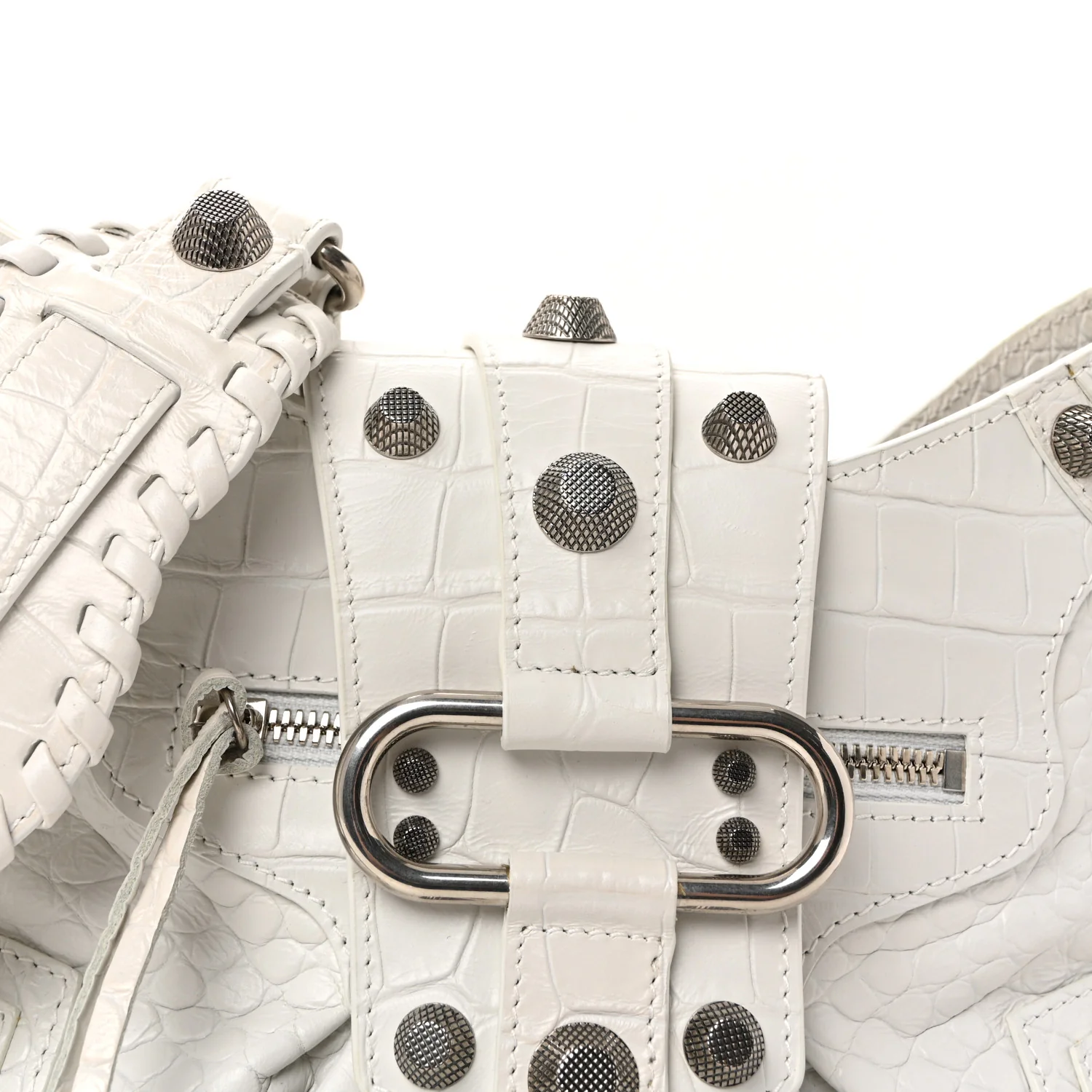 Extra Supple Calfskin Crocodile Embossed Medium Le Cagole Shoulder Bag White - Image 8