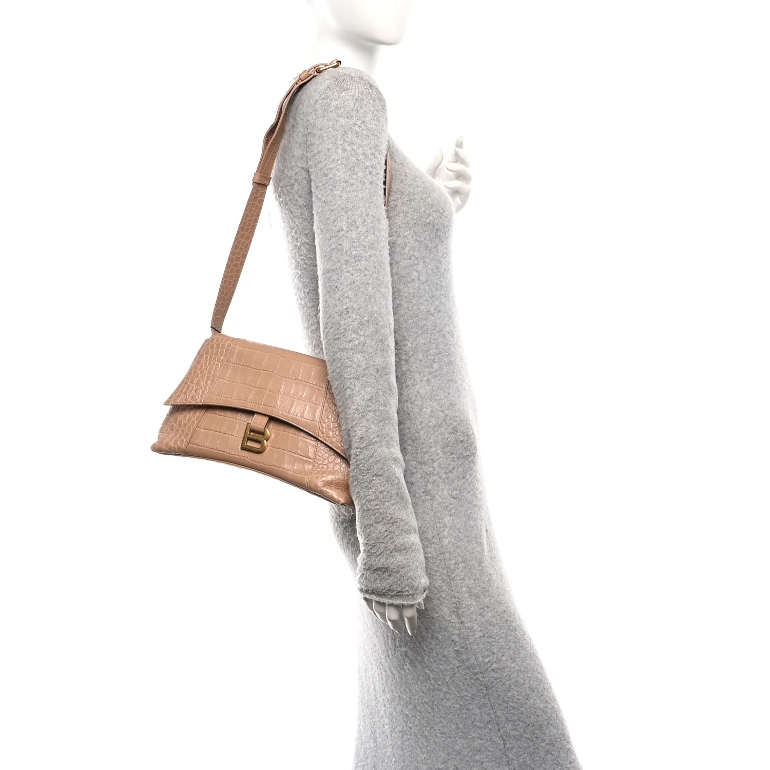 Extra Supple Calfskin Crocodile Embossed Small Downtown Shoulder Bag Nude Beige - Image 2