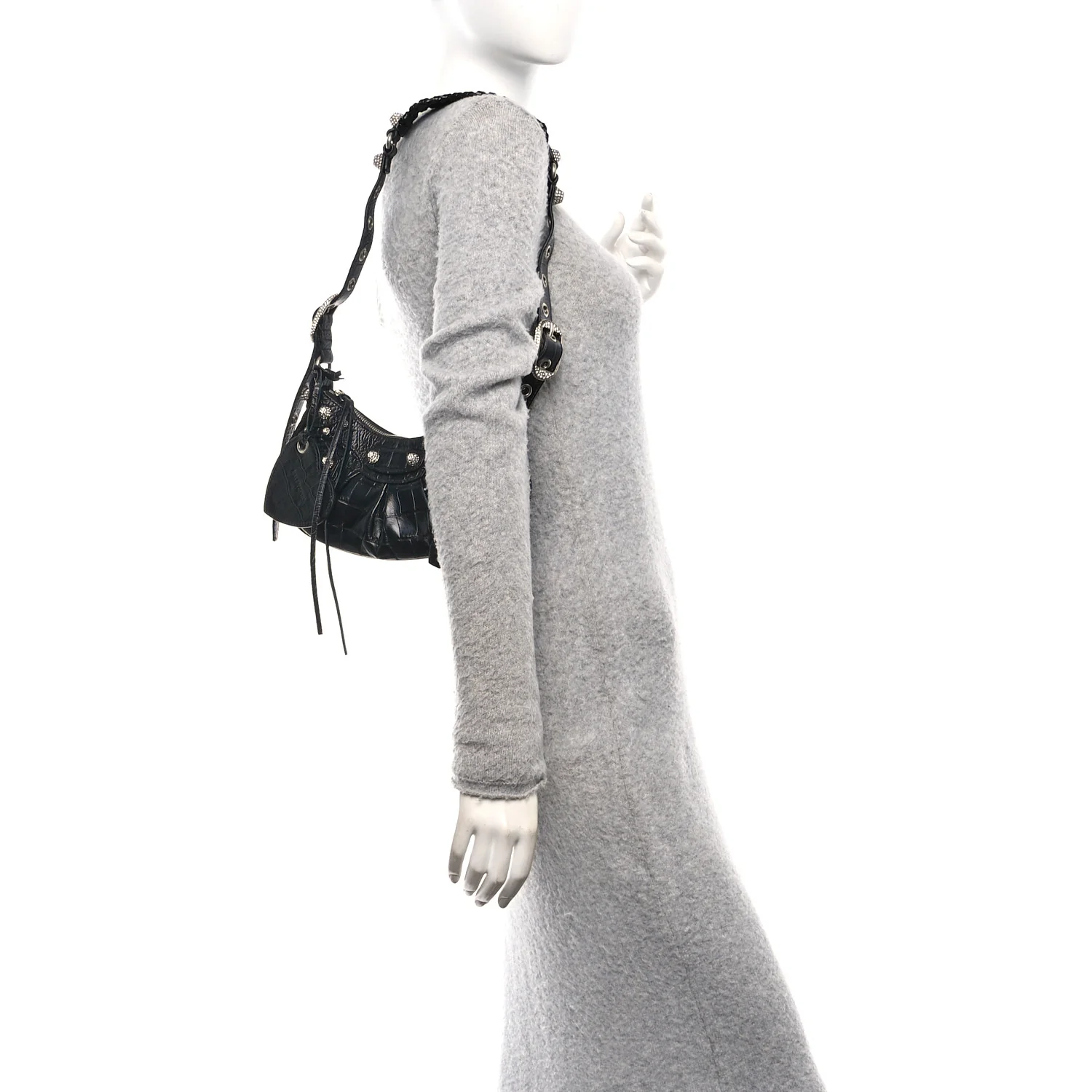 Extra Supple Calfskin Crystal Crocodile Embossed Le Cagole Shoulder Bag XS Black - Image 2