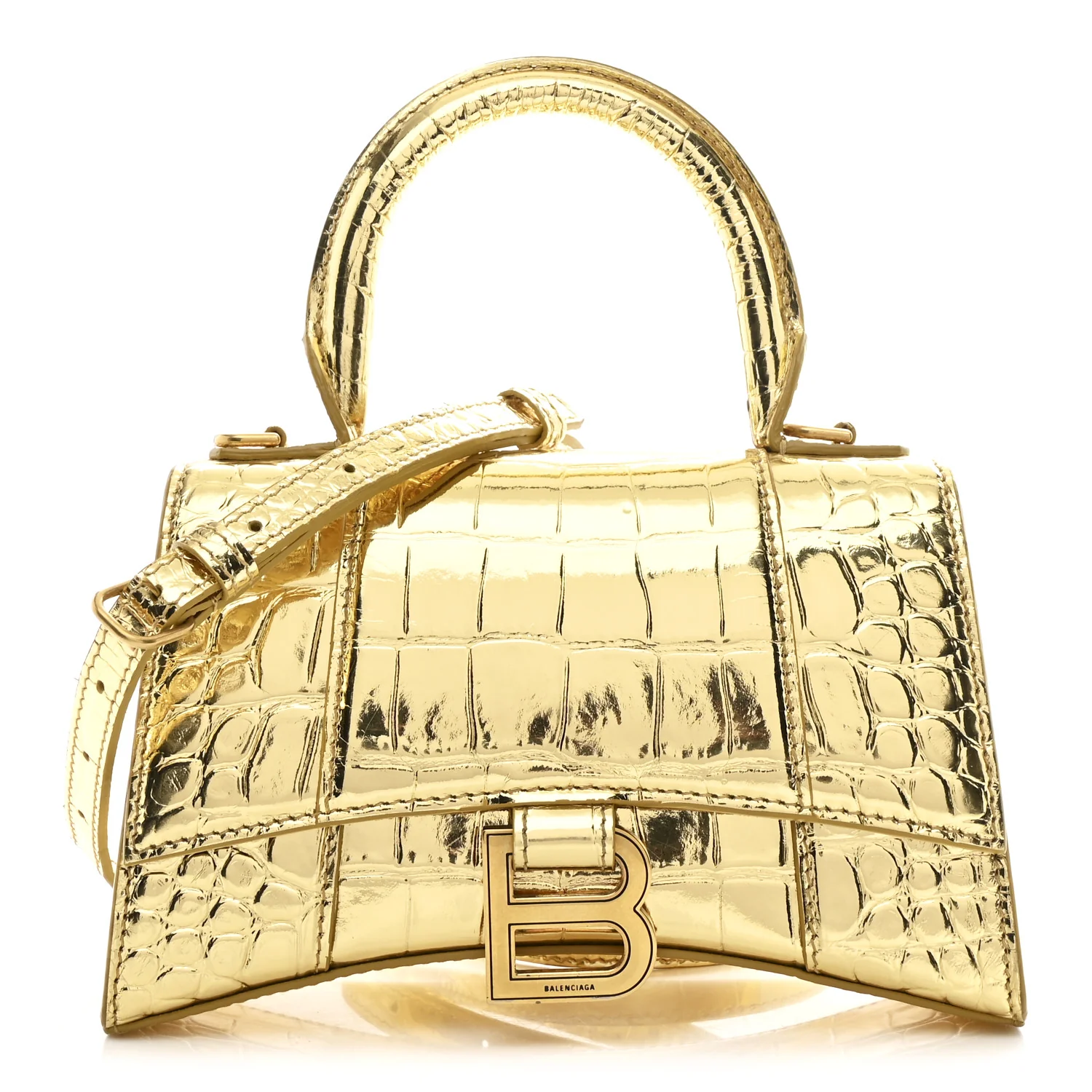 Metallic Calfskin Crocodile Embossed Hourglass Top Handle Bag XS Gold