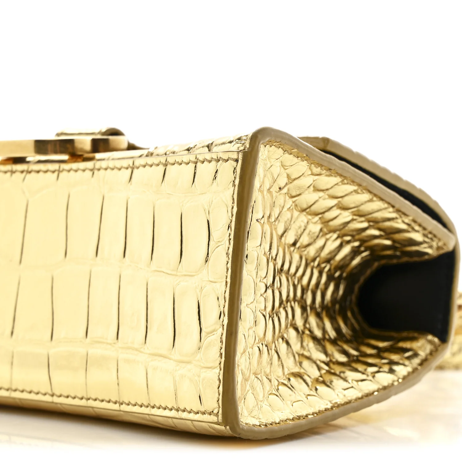 Metallic Calfskin Crocodile Embossed Hourglass Top Handle Bag XS Gold - Image 10