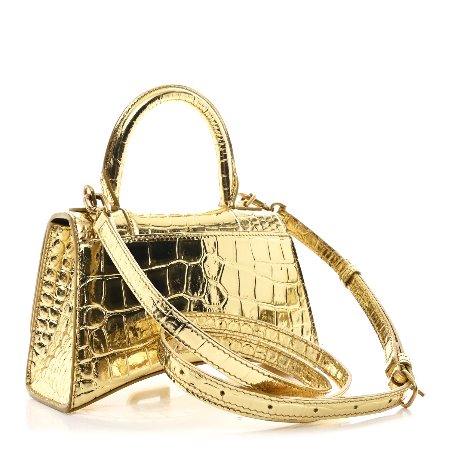 Metallic Calfskin Crocodile Embossed Hourglass Top Handle Bag XS Gold - Image 3