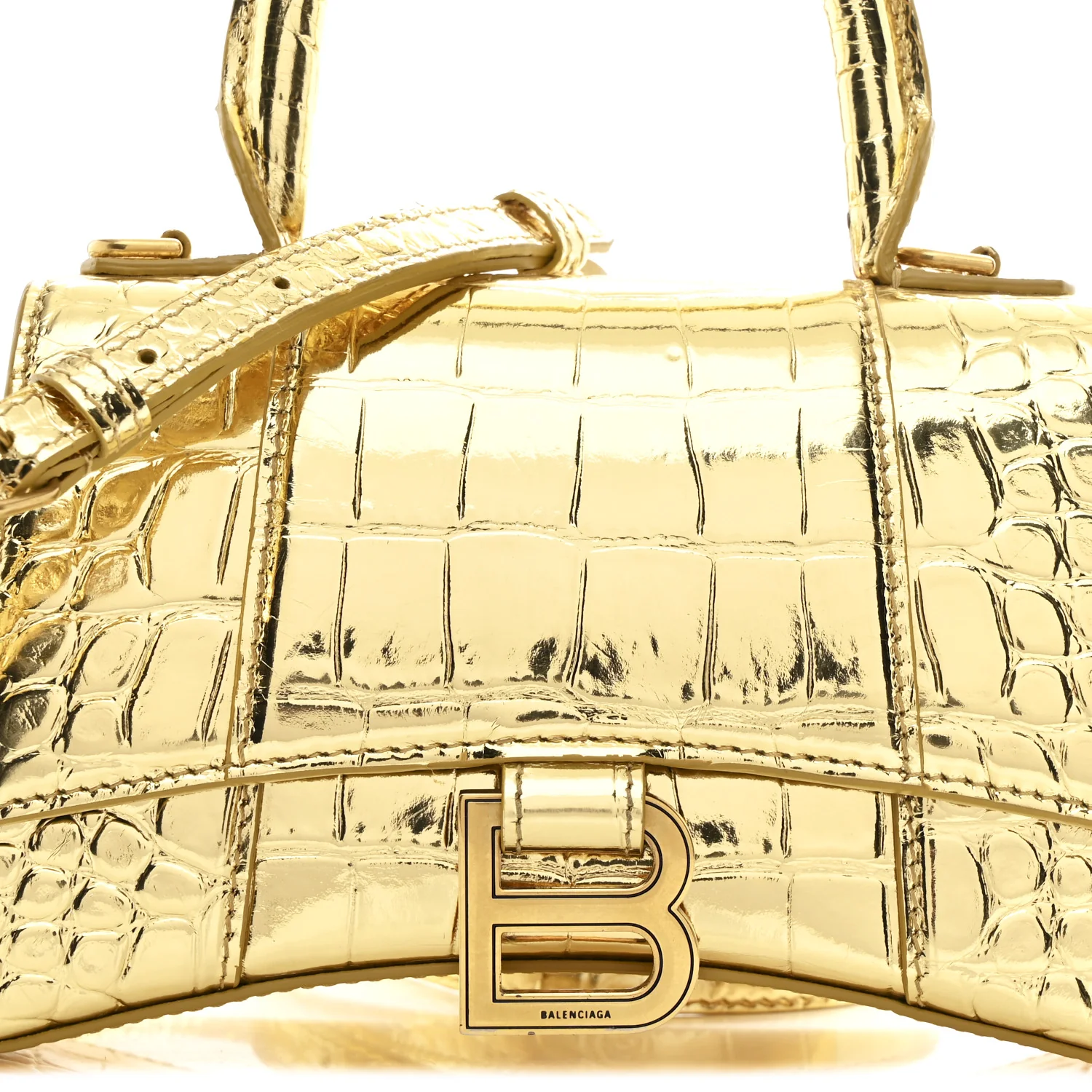 Metallic Calfskin Crocodile Embossed Hourglass Top Handle Bag XS Gold - Image 8