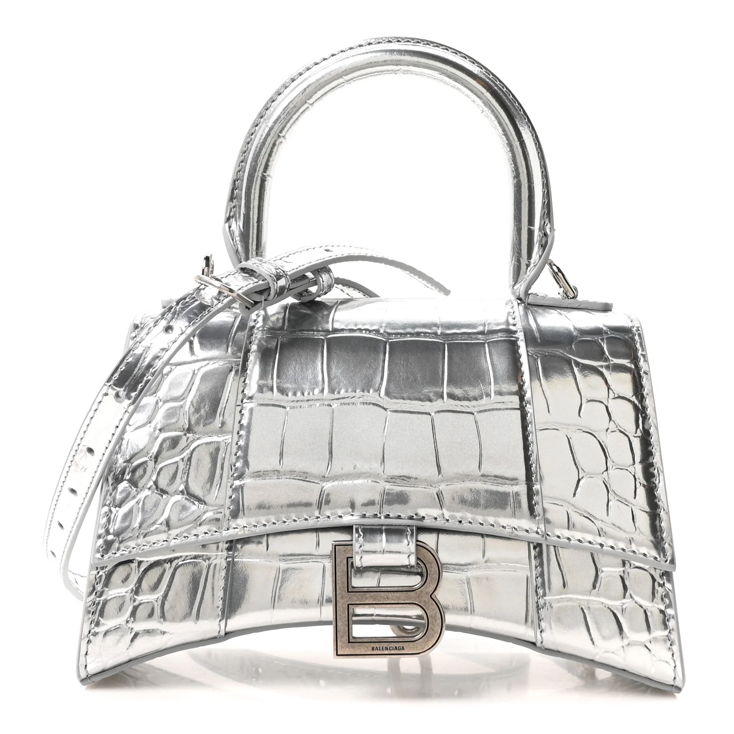 Metallic Calfskin Crocodile Embossed Hourglass Top Handle Bag XS Silver