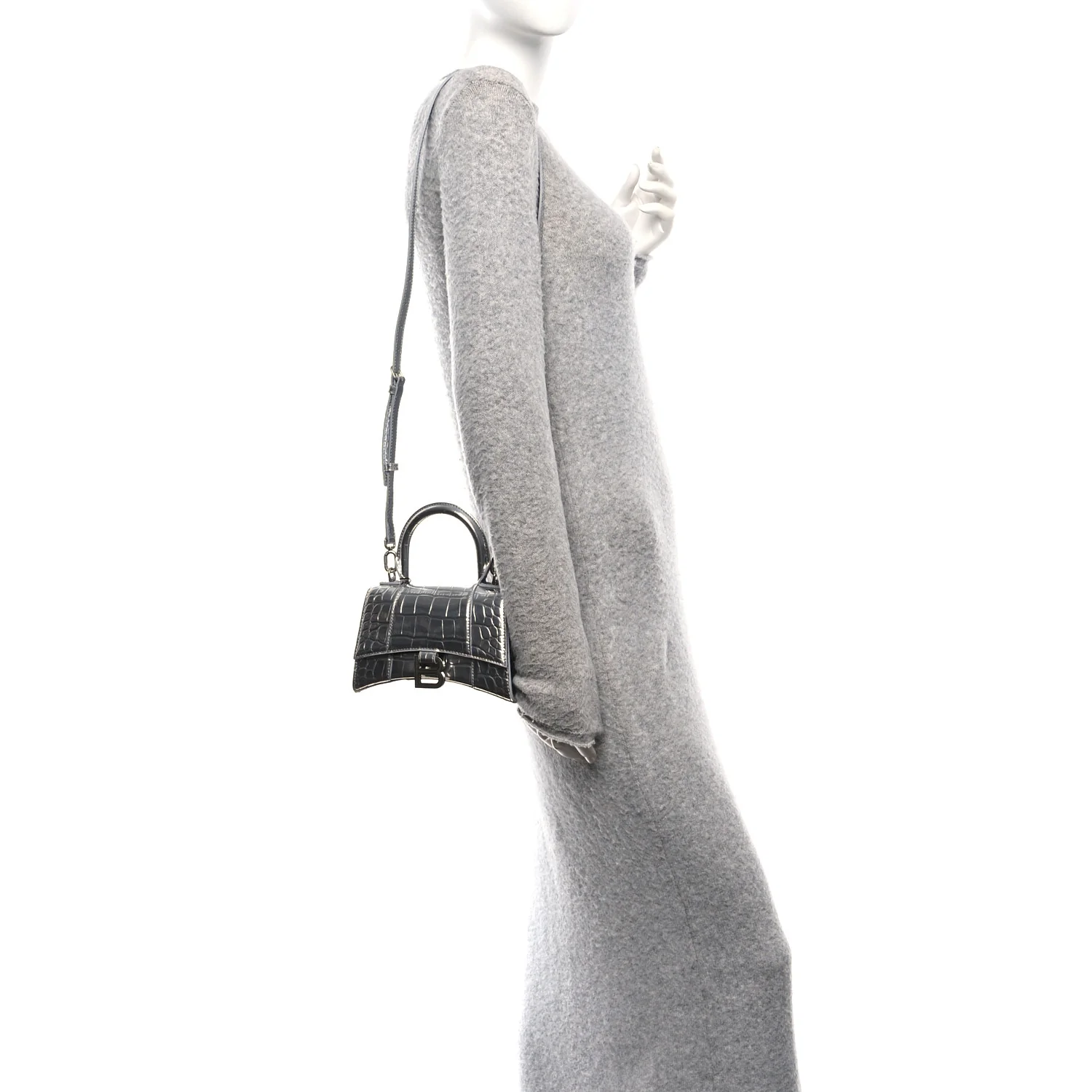 Metallic Calfskin Crocodile Embossed Hourglass Top Handle Bag XS Silver - Image 2