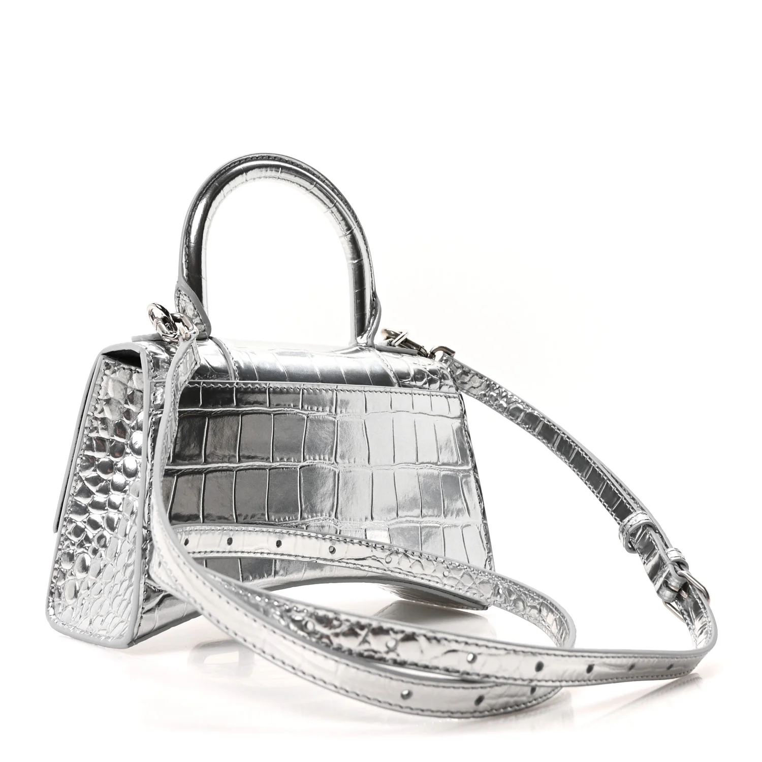 Metallic Calfskin Crocodile Embossed Hourglass Top Handle Bag XS Silver - Image 3