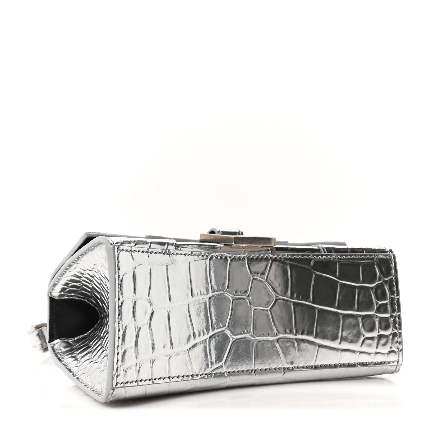Metallic Calfskin Crocodile Embossed Hourglass Top Handle Bag XS Silver - Image 4