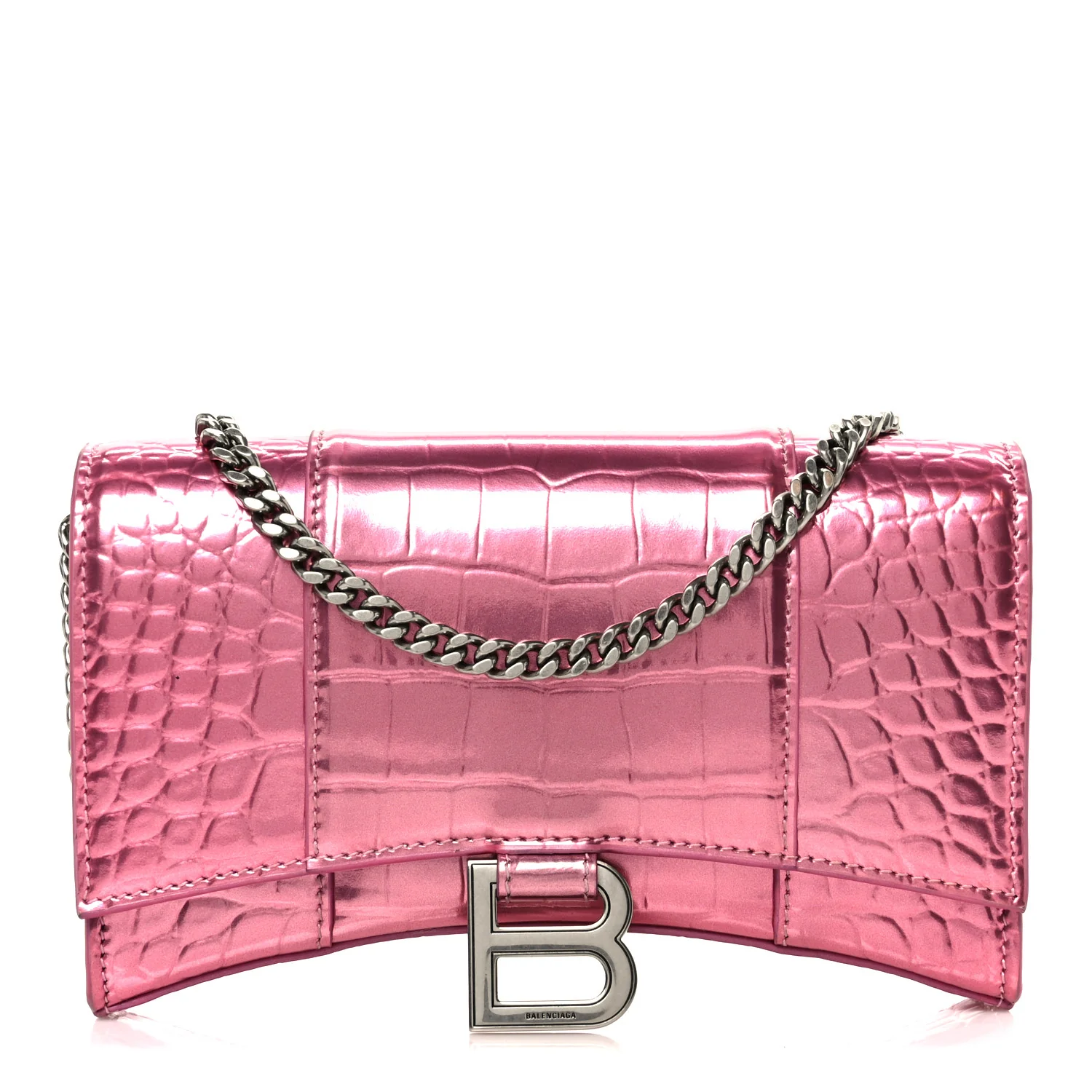 Metallic Shiny Calfskin Crocodile Embossed Hourglass Chain Bag Pink