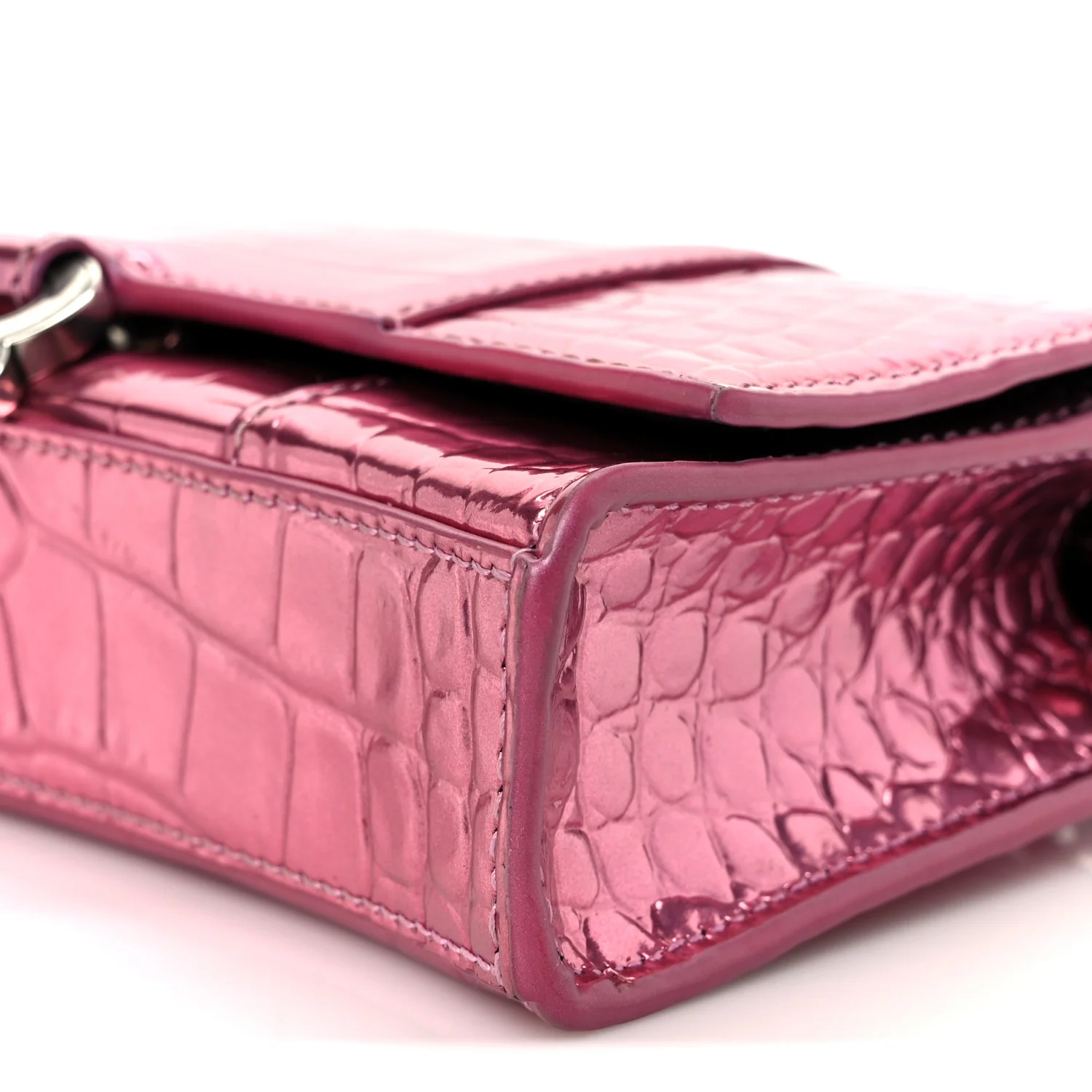 Metallic Shiny Calfskin Crocodile Embossed Hourglass Chain Bag Pink - Image 11