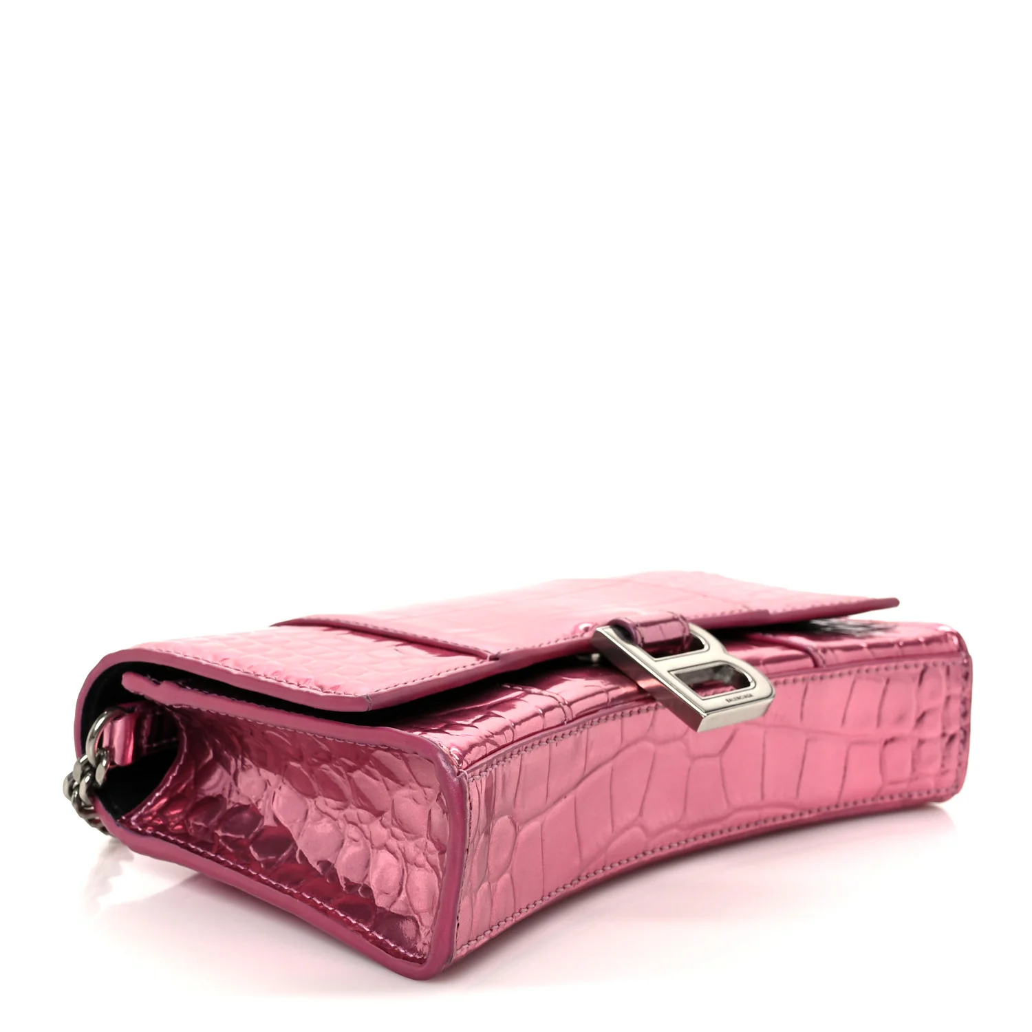 Metallic Shiny Calfskin Crocodile Embossed Hourglass Chain Bag Pink - Image 4