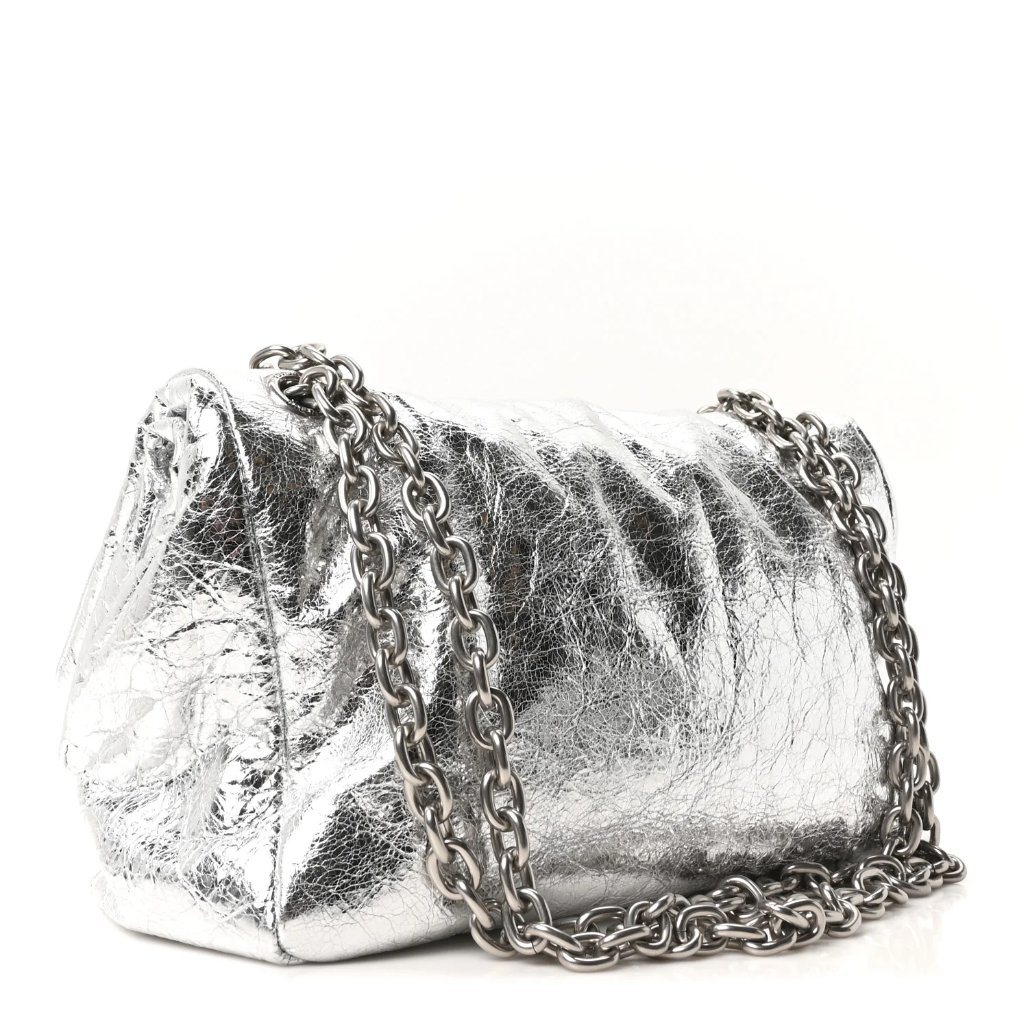 Metallized Arena Calfskin Medium Monaco Chain Shoulder Bag Silver - Image 3