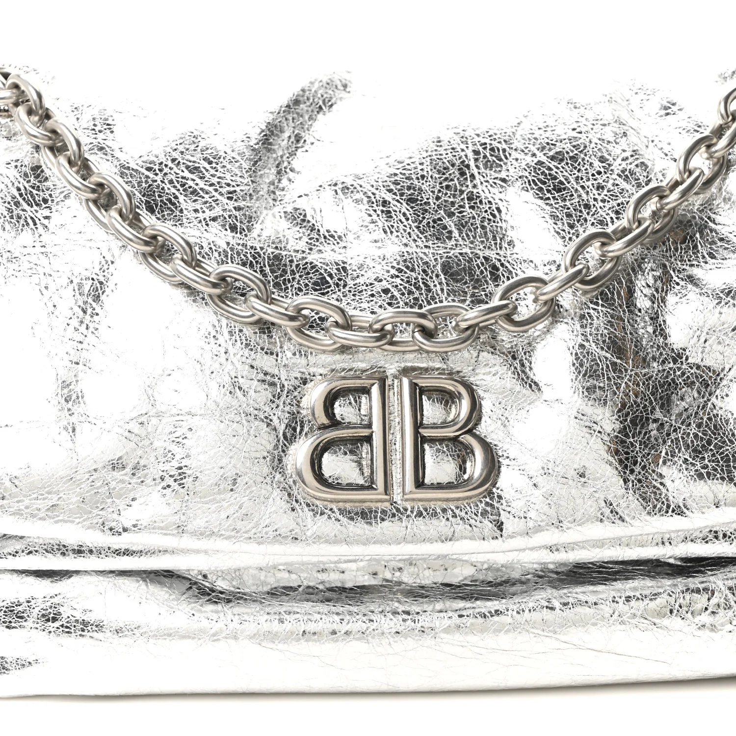 Metallized Arena Calfskin Medium Monaco Chain Shoulder Bag Silver - Image 8