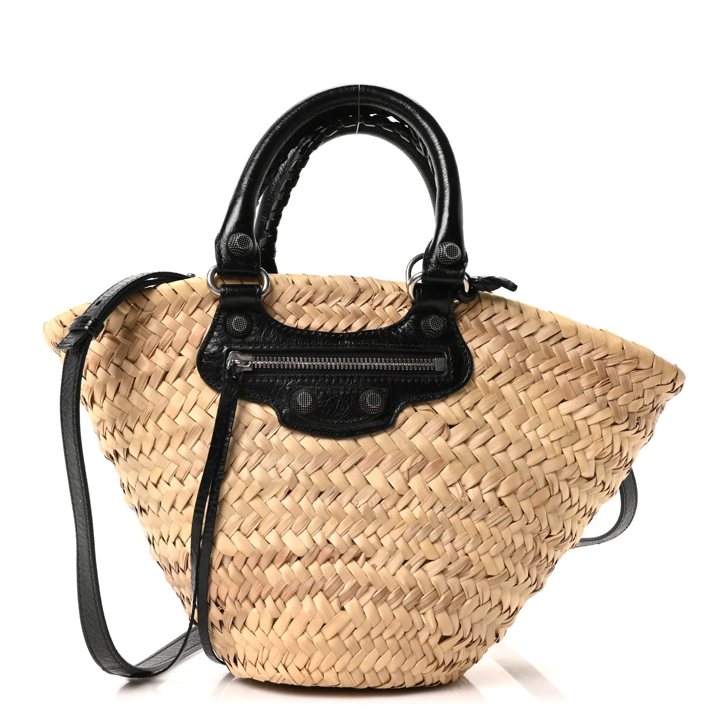 Raffia Woven Small Le Cagole Tote Bag Black Natural
