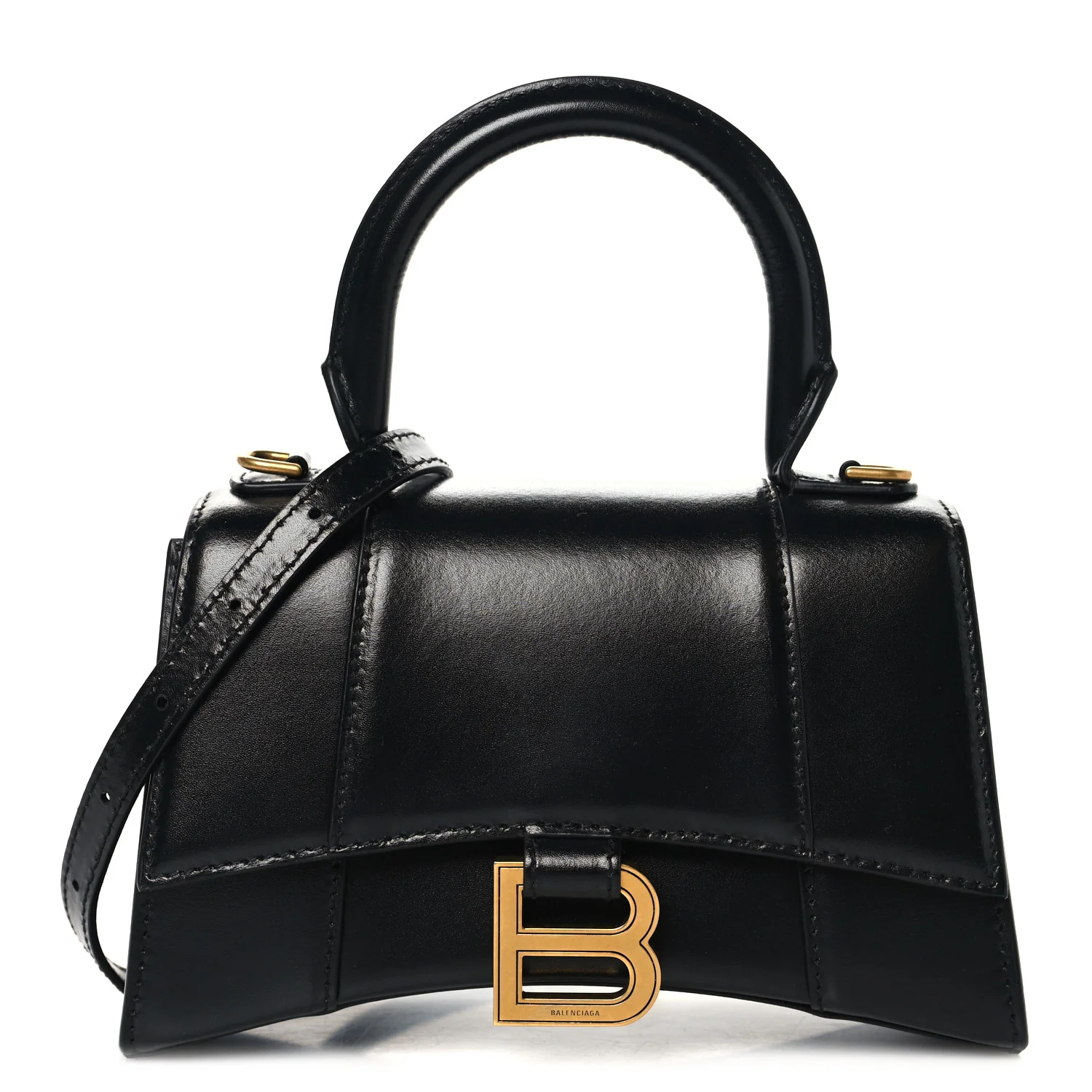 Shiny Box Calfskin Hourglass Top Handle Bag XS Black