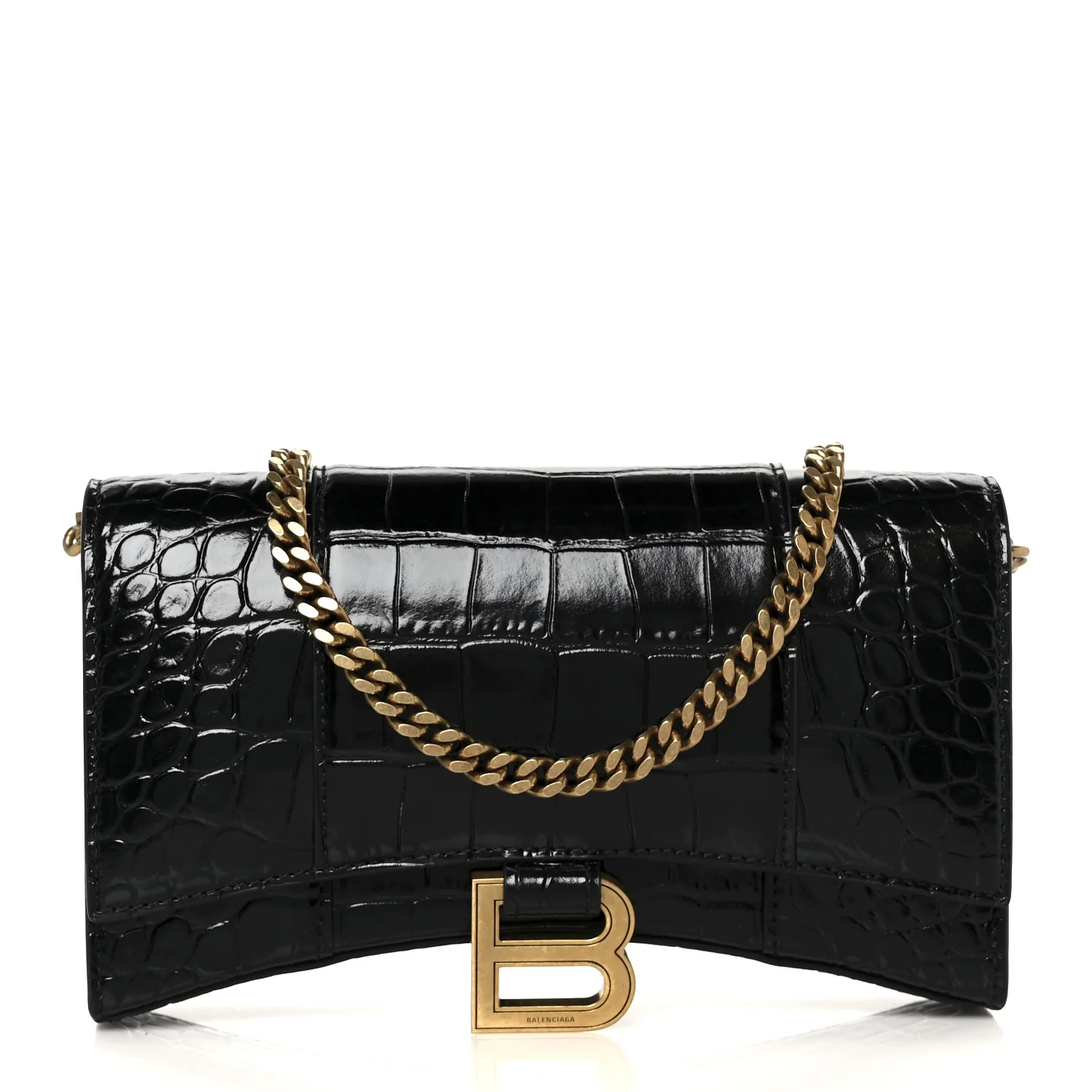 Shiny Calfskin Crocodile Embossed Hourglass Chain Bag Black