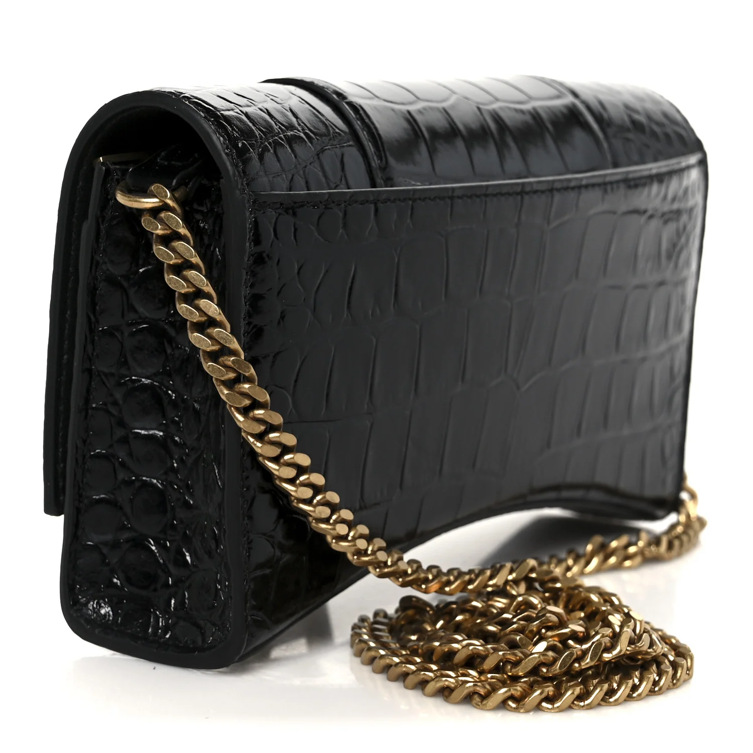 Shiny Calfskin Crocodile Embossed Hourglass Chain Bag Black - Image 3