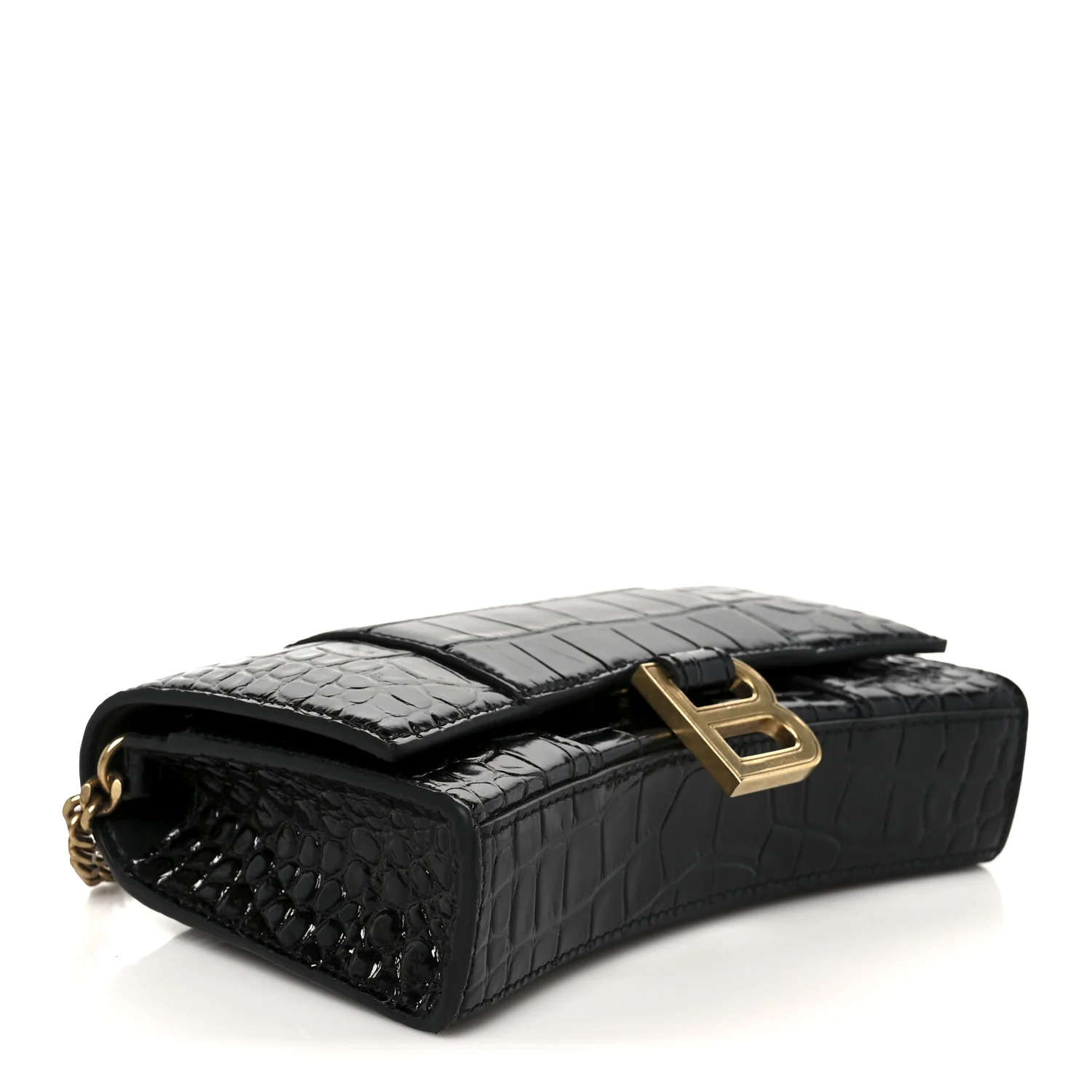 Shiny Calfskin Crocodile Embossed Hourglass Chain Bag Black - Image 4
