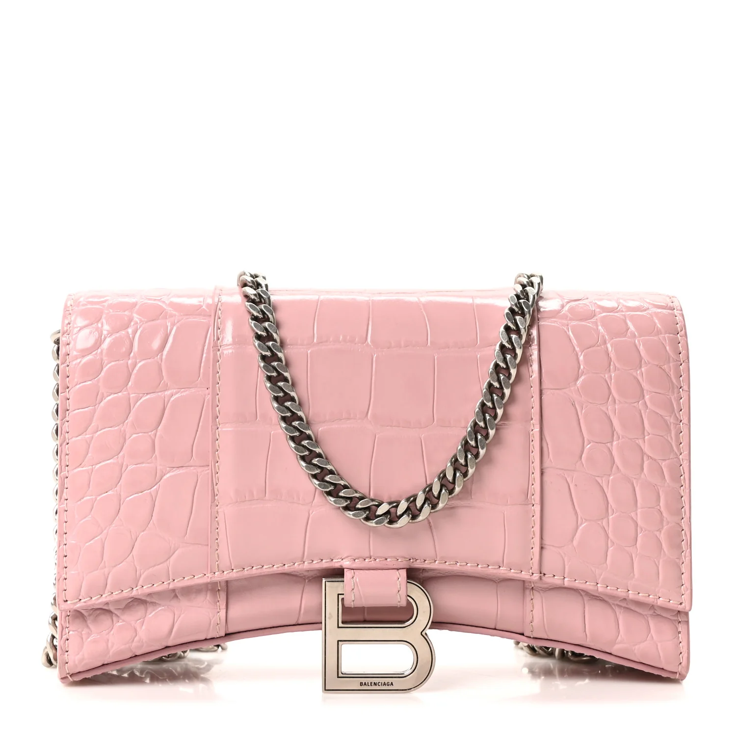 Shiny Calfskin Crocodile Embossed Hourglass Chain Bag Powder Pink