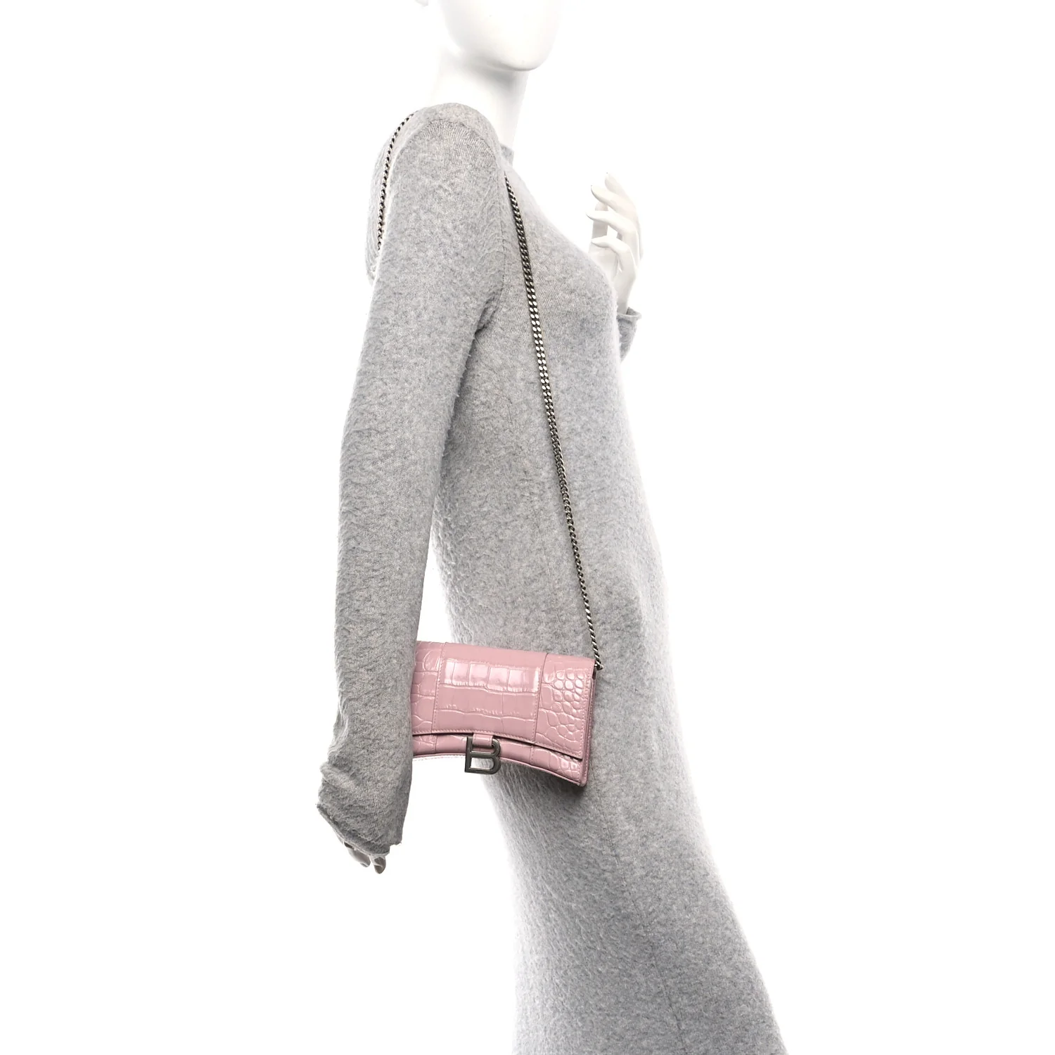 Shiny Calfskin Crocodile Embossed Hourglass Chain Bag Powder Pink - Image 2