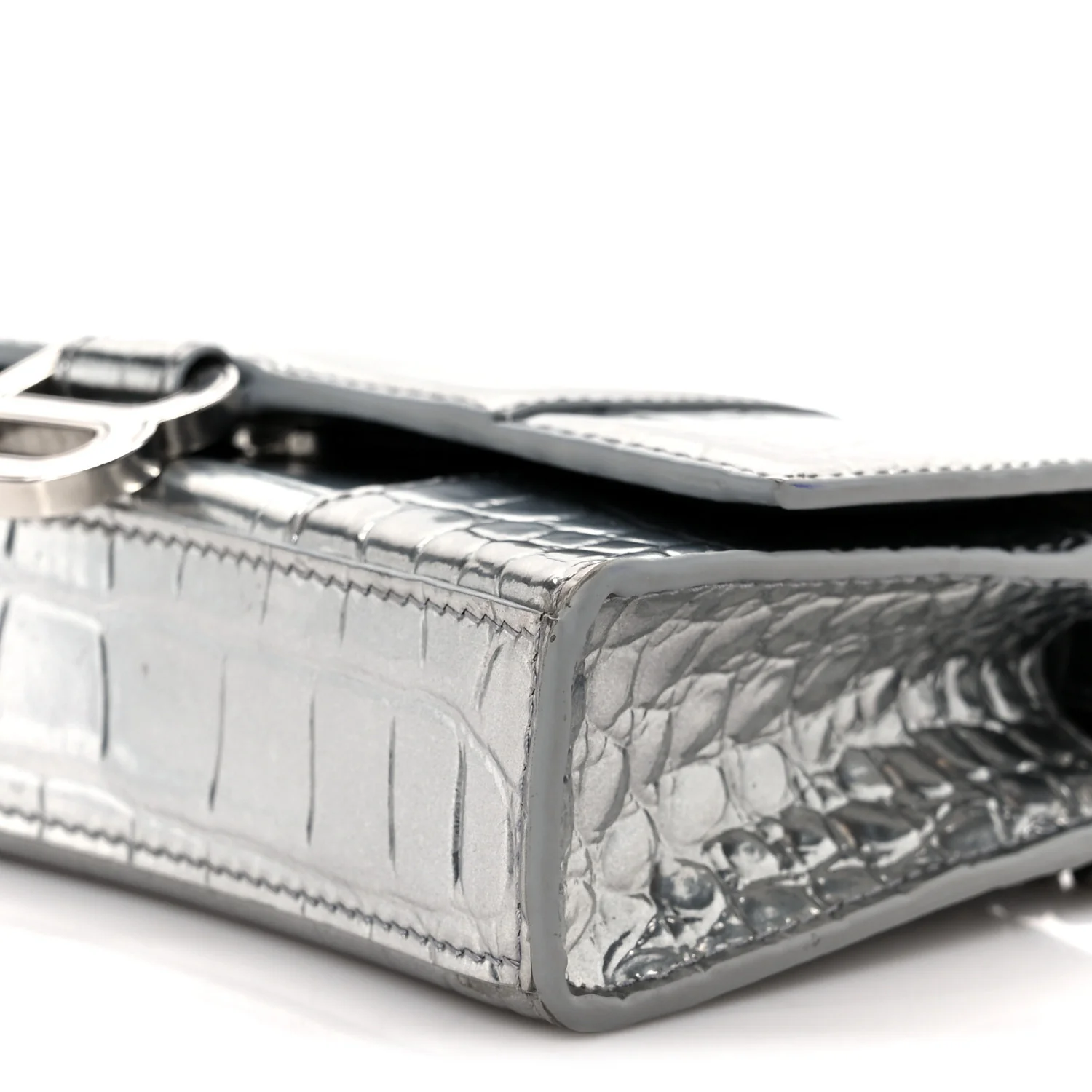 Shiny Calfskin Crocodile Embossed Hourglass Chain Bag Silver - Image 11