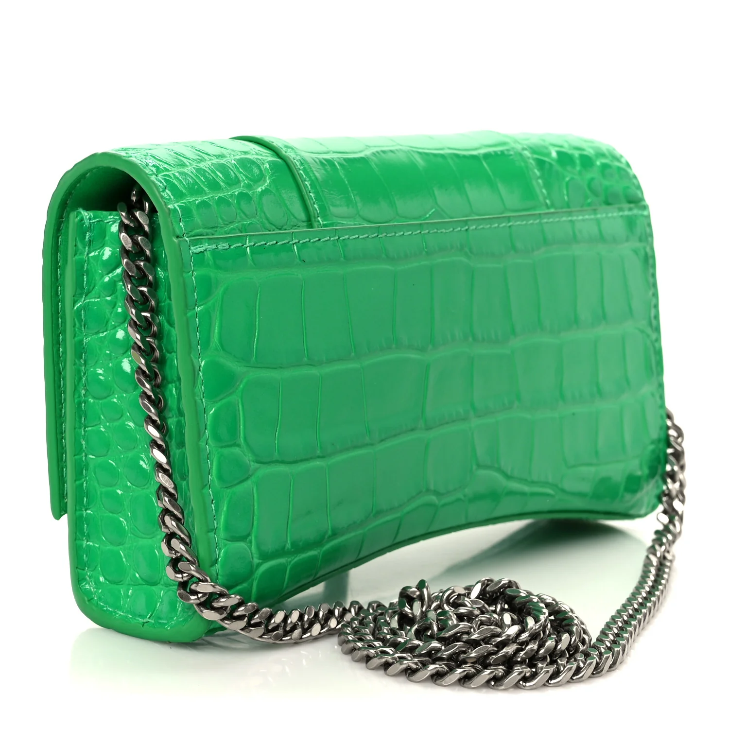 Shiny Calfskin Crocodile Embossed Hourglass Chain Bag Vivid Green - Image 3