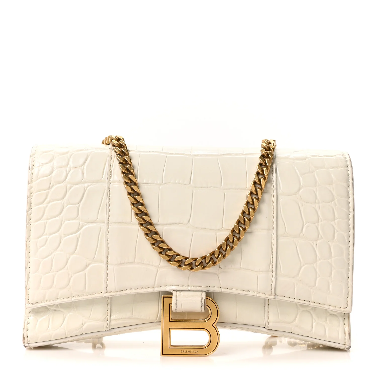 Shiny Calfskin Crocodile Embossed Hourglass Chain Bag White