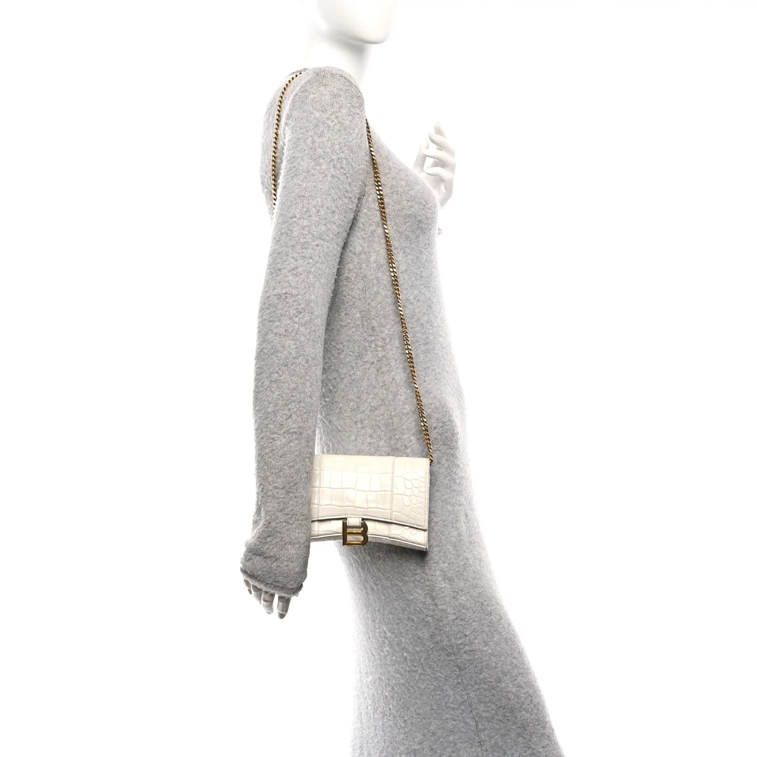 Shiny Calfskin Crocodile Embossed Hourglass Chain Bag White - Image 2