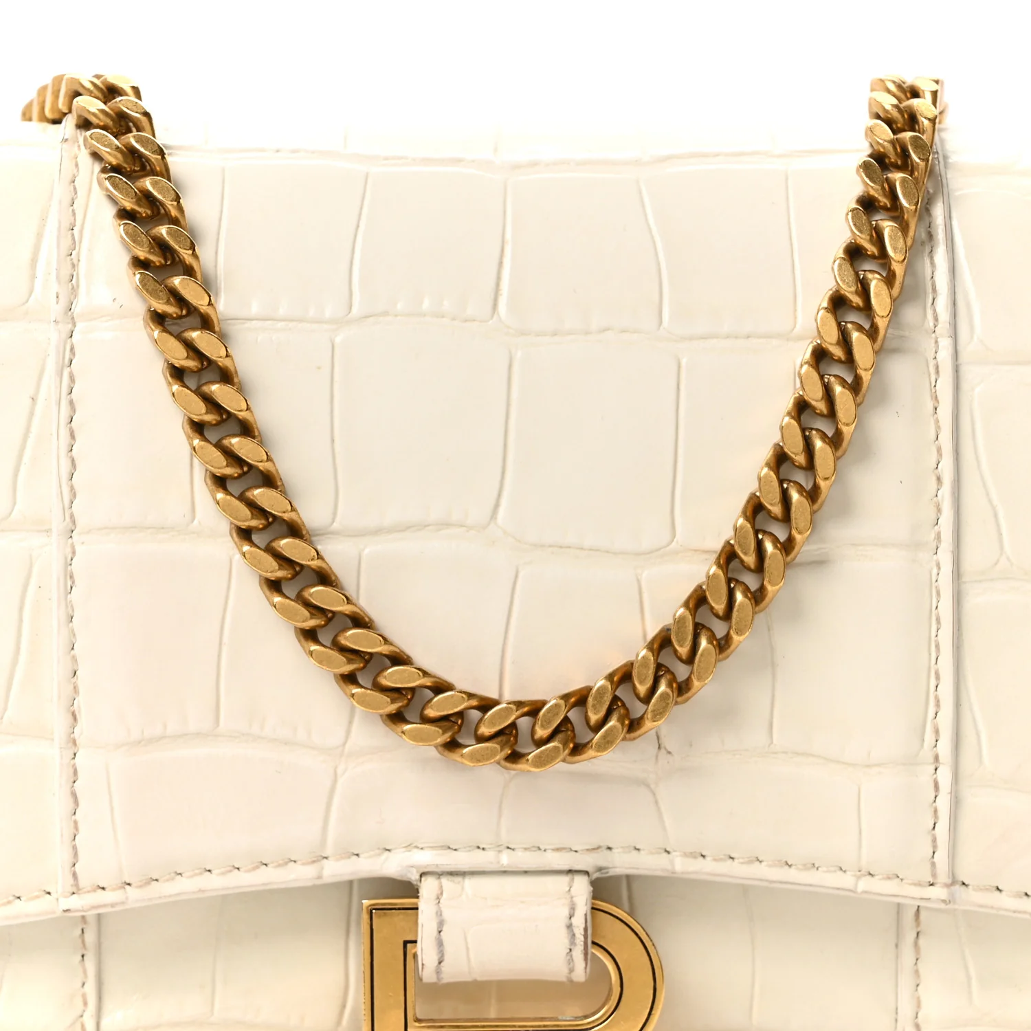 Shiny Calfskin Crocodile Embossed Hourglass Chain Bag White - Image 7