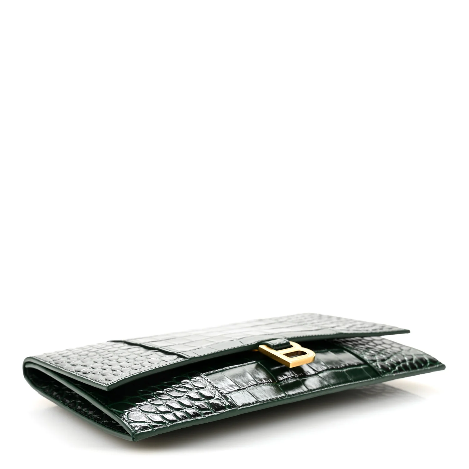 Shiny Calfskin Crocodile Embossed Hourglass Flap Flat Pouch Forest Green - Image 4