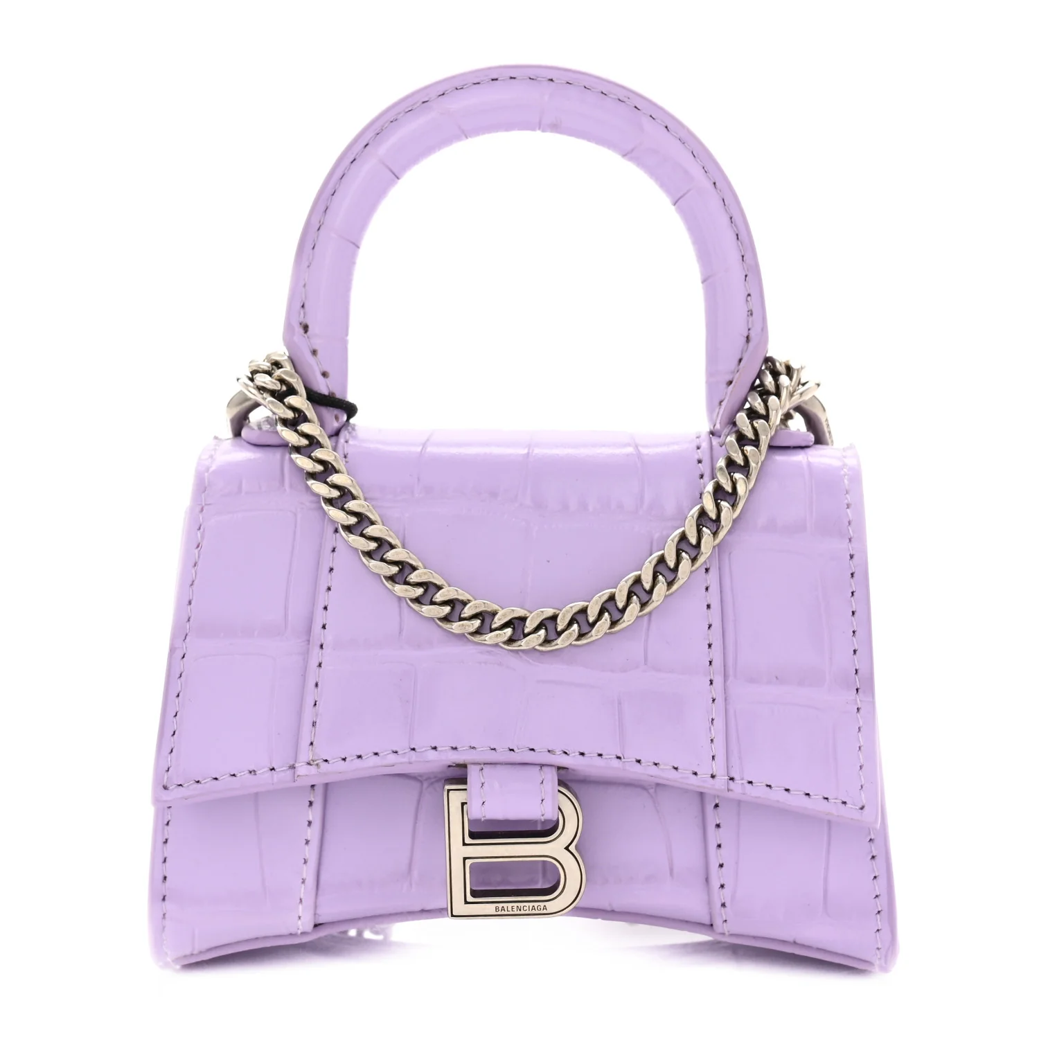 Shiny Calfskin Crocodile Embossed Hourglass Top Handle Bag Mini with Chain  Lilac