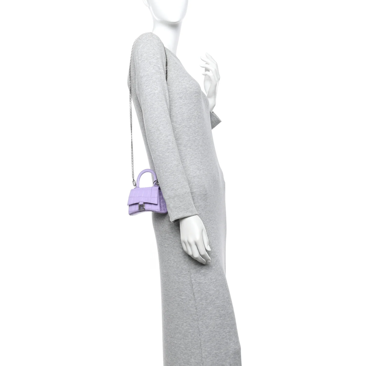 Shiny Calfskin Crocodile Embossed Hourglass Top Handle Bag Mini with Chain  Lilac - Image 2