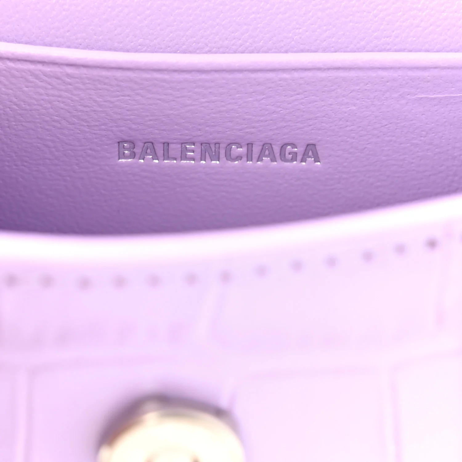 Shiny Calfskin Crocodile Embossed Hourglass Top Handle Bag Mini with Chain  Lilac - Image 6