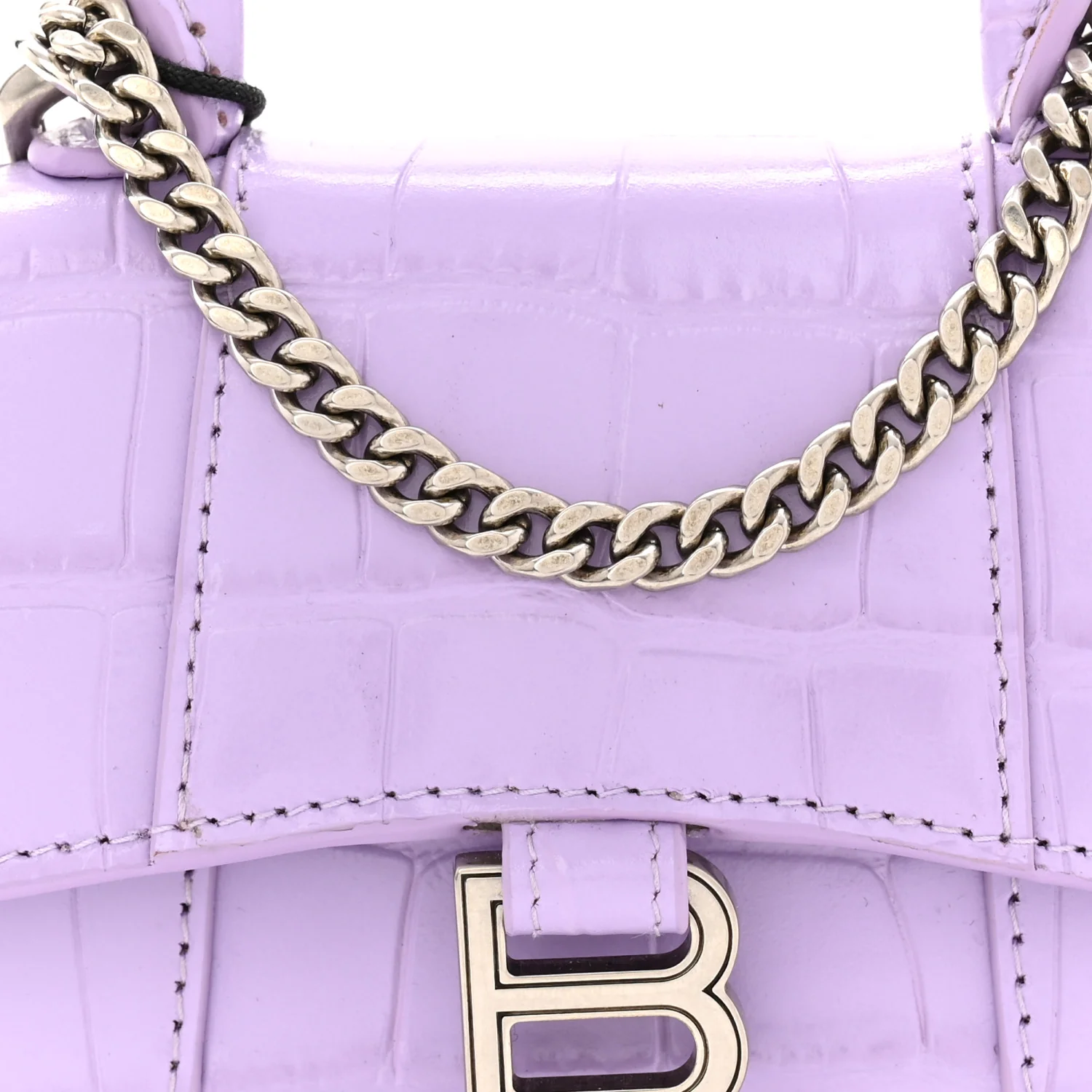 Shiny Calfskin Crocodile Embossed Hourglass Top Handle Bag Mini with Chain  Lilac - Image 8