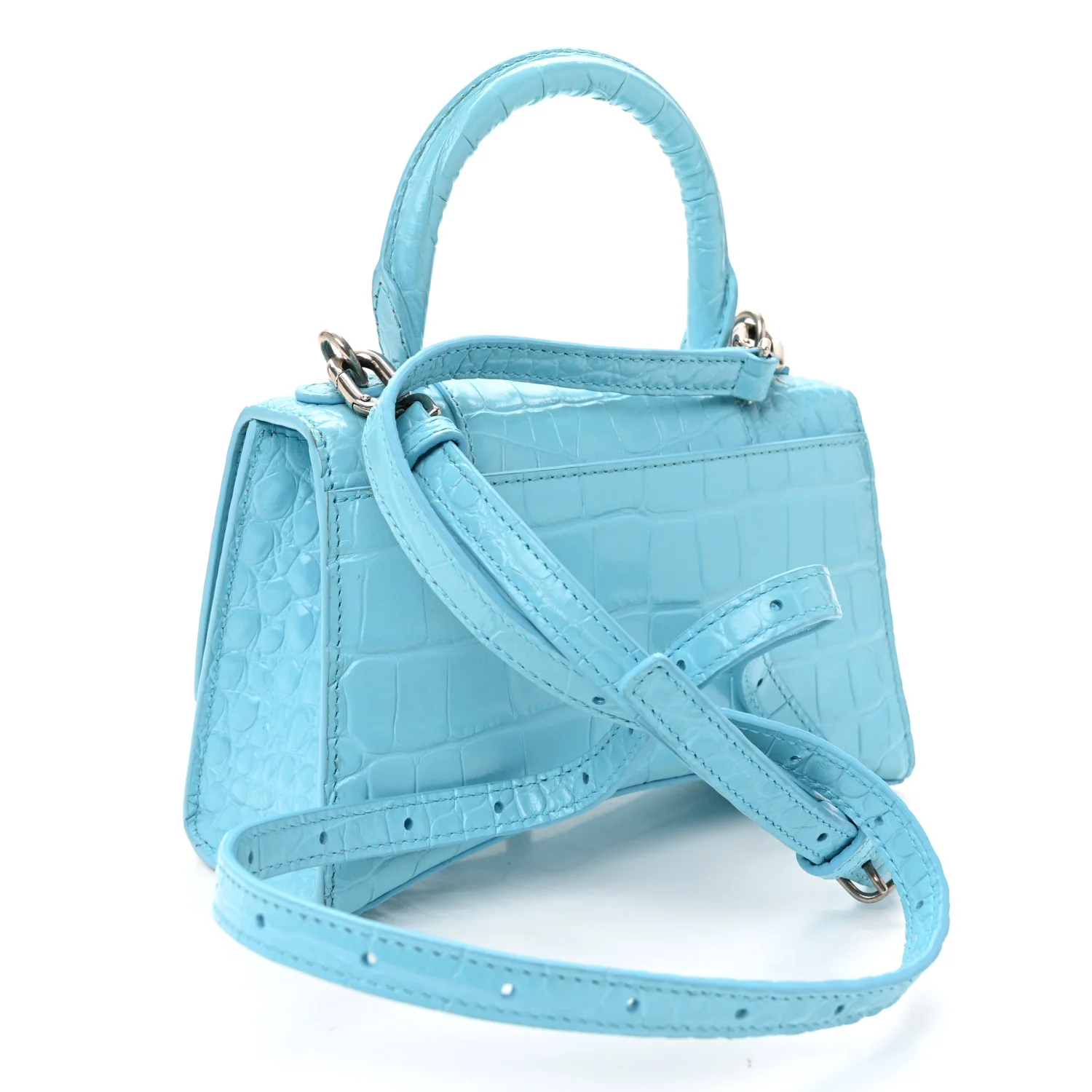 Shiny Calfskin Crocodile Embossed Hourglass Top Handle Bag XS Azur - Image 3