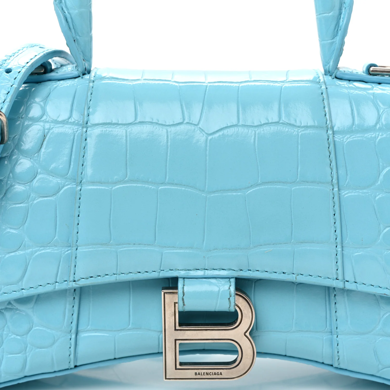 Shiny Calfskin Crocodile Embossed Hourglass Top Handle Bag XS Azur - Image 7