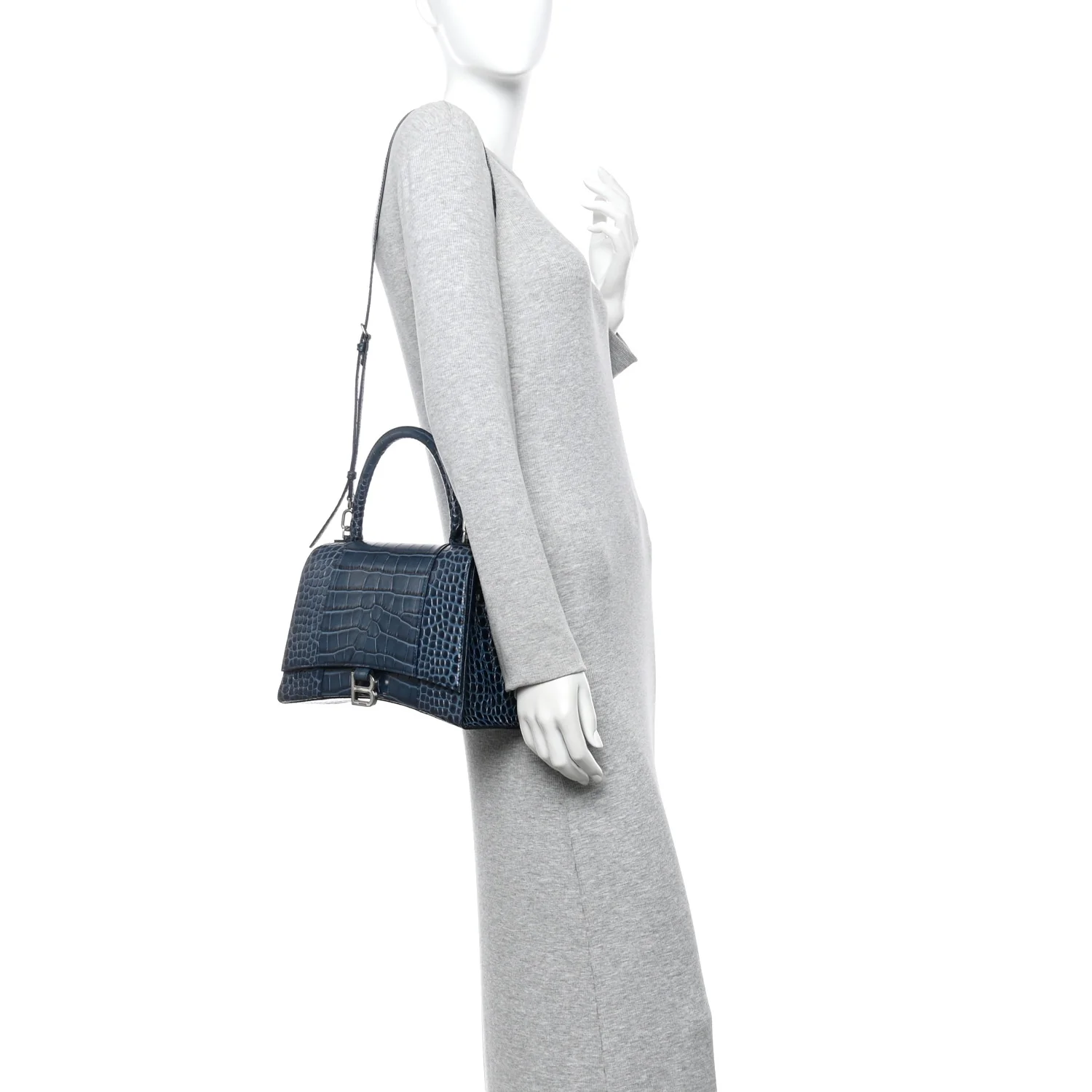 Shiny Calfskin Crocodile Embossed Medium Hourglass Top Handle Bag Denim Blue - Image 2