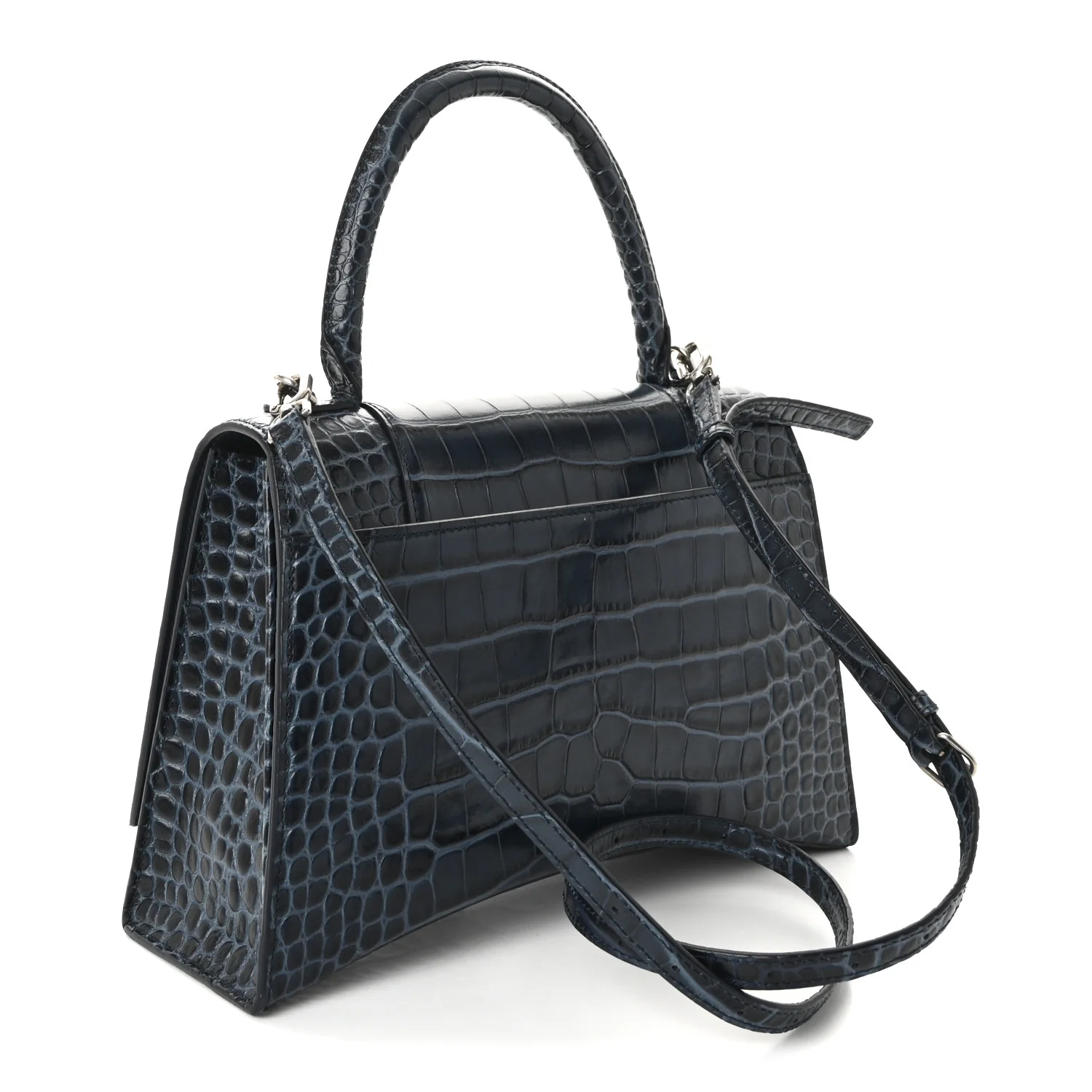 Shiny Calfskin Crocodile Embossed Medium Hourglass Top Handle Bag Denim Blue - Image 3