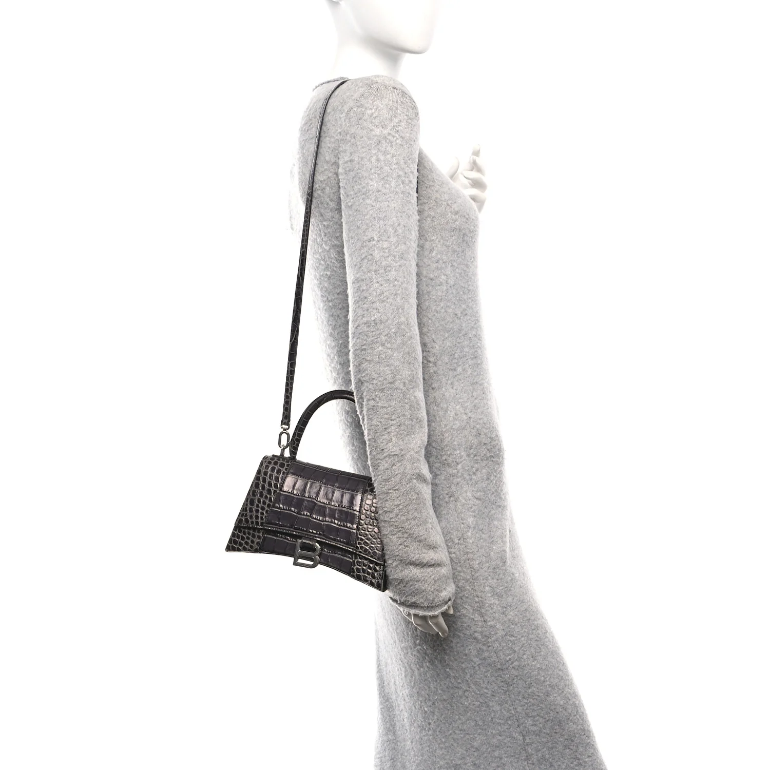 Shiny Calfskin Crocodile Embossed Small Hourglass Top Handle Bag Dark Grey - Image 2