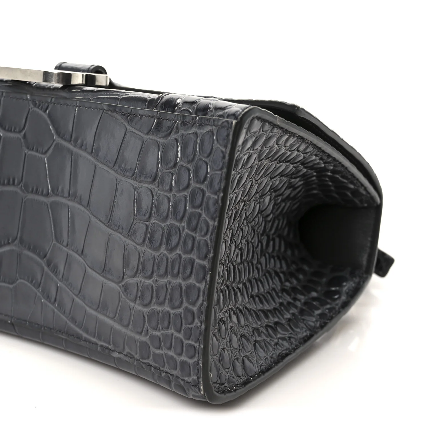 Shiny Calfskin Crocodile Embossed Small Hourglass Top Handle Bag Dark Grey - Image 11