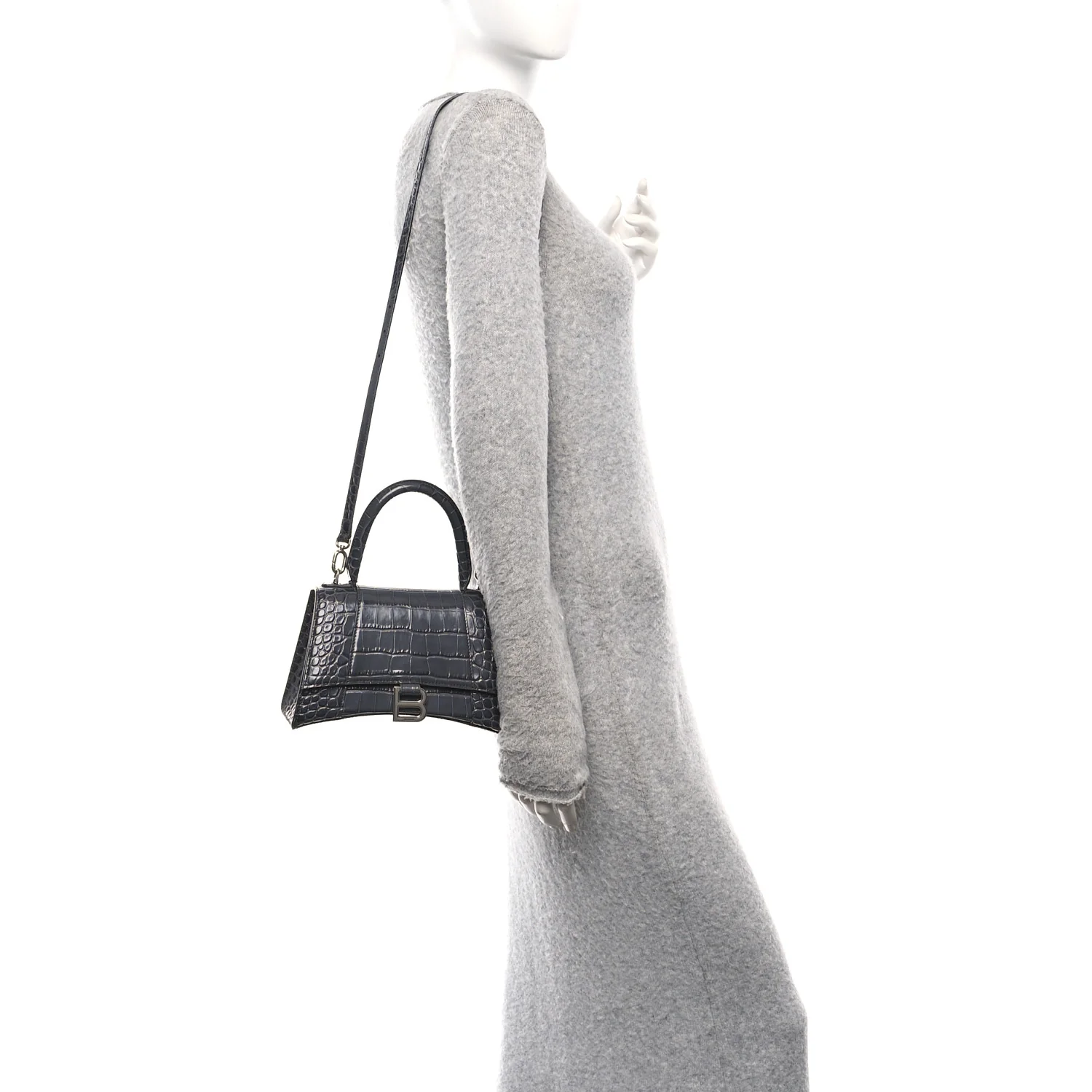 Shiny Calfskin Crocodile Embossed Small Hourglass Top Handle Bag Dark Grey - Image 2