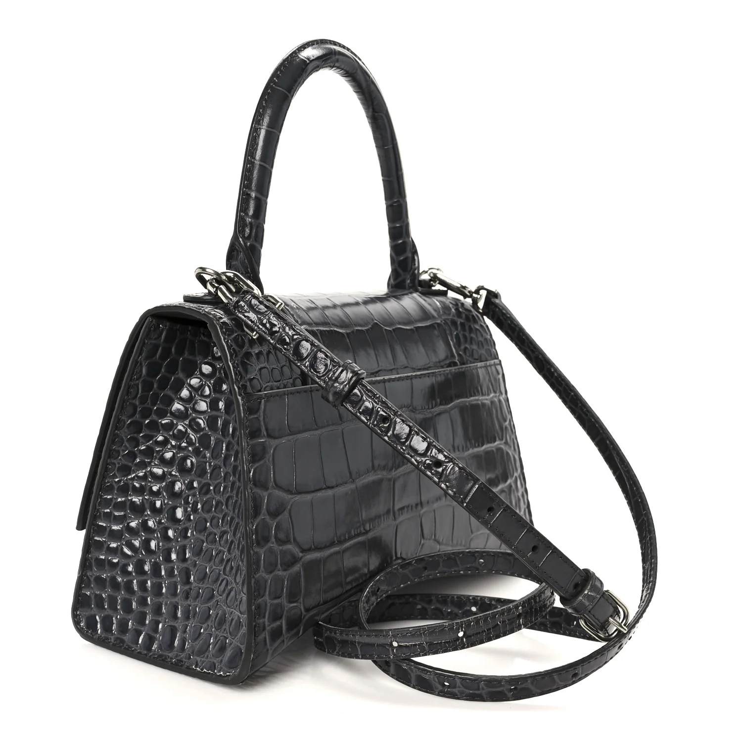 Shiny Calfskin Crocodile Embossed Small Hourglass Top Handle Bag Dark Grey - Image 3