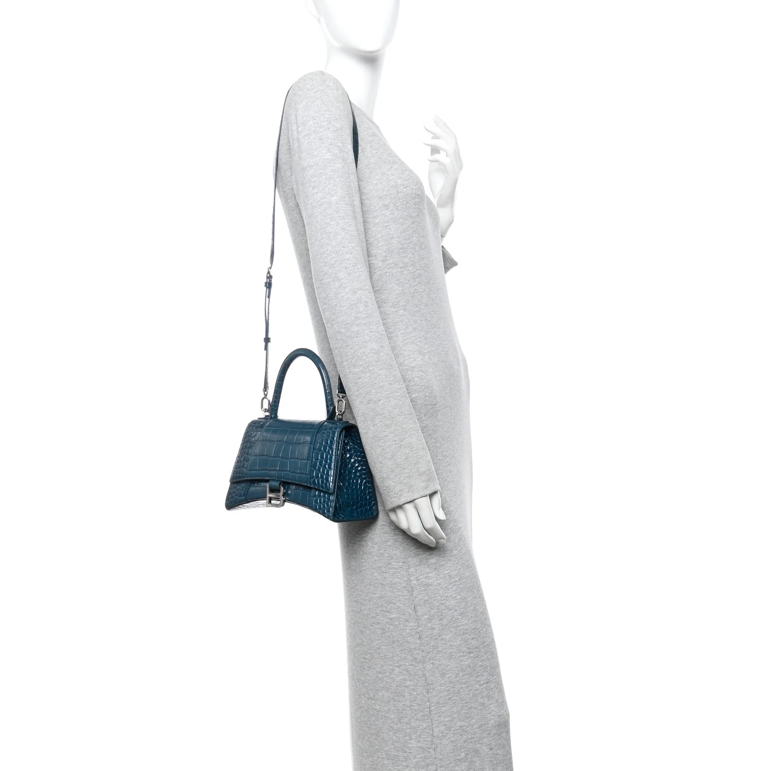 Shiny Calfskin Crocodile Embossed Small Hourglass Top Handle Bag Dark Petrol Blue - Image 2