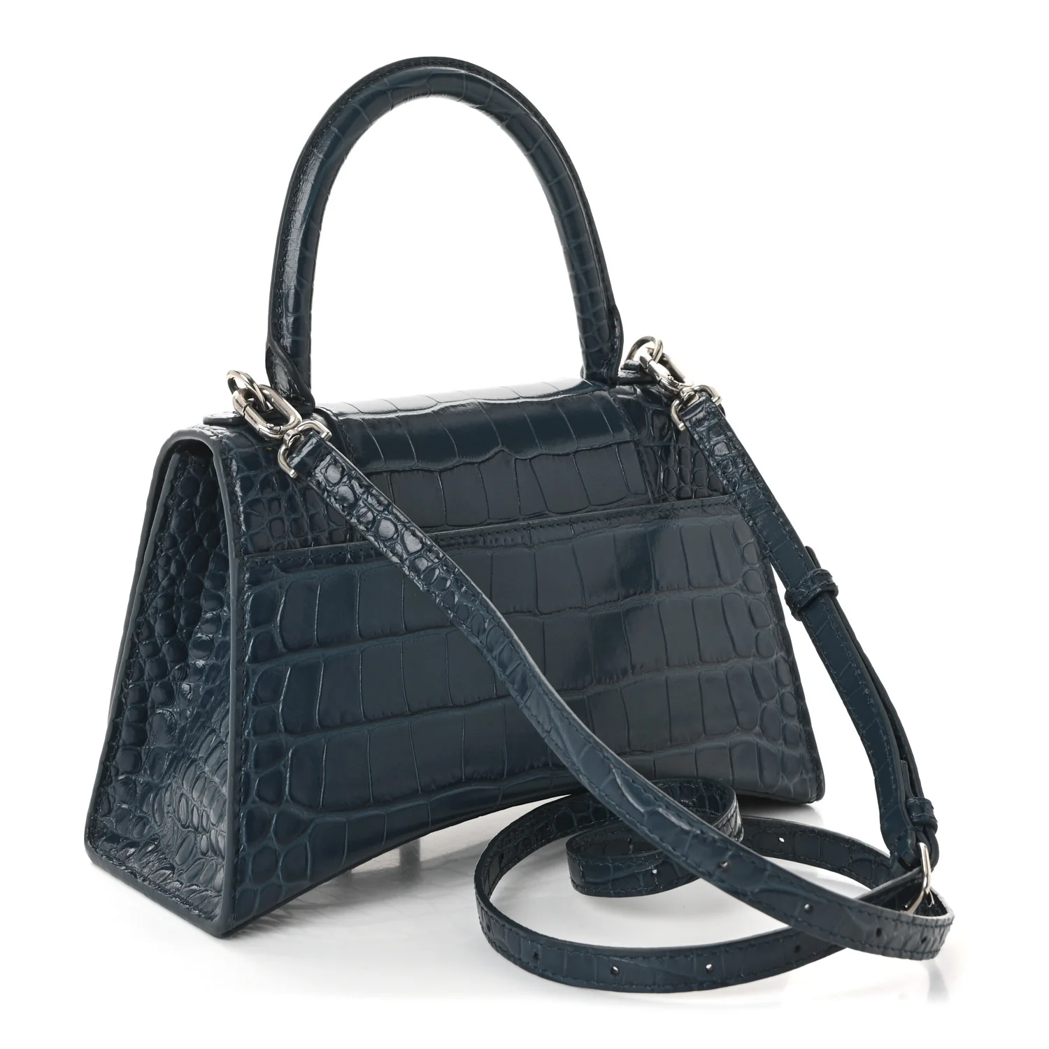 Shiny Calfskin Crocodile Embossed Small Hourglass Top Handle Bag Dark Petrol Blue - Image 3
