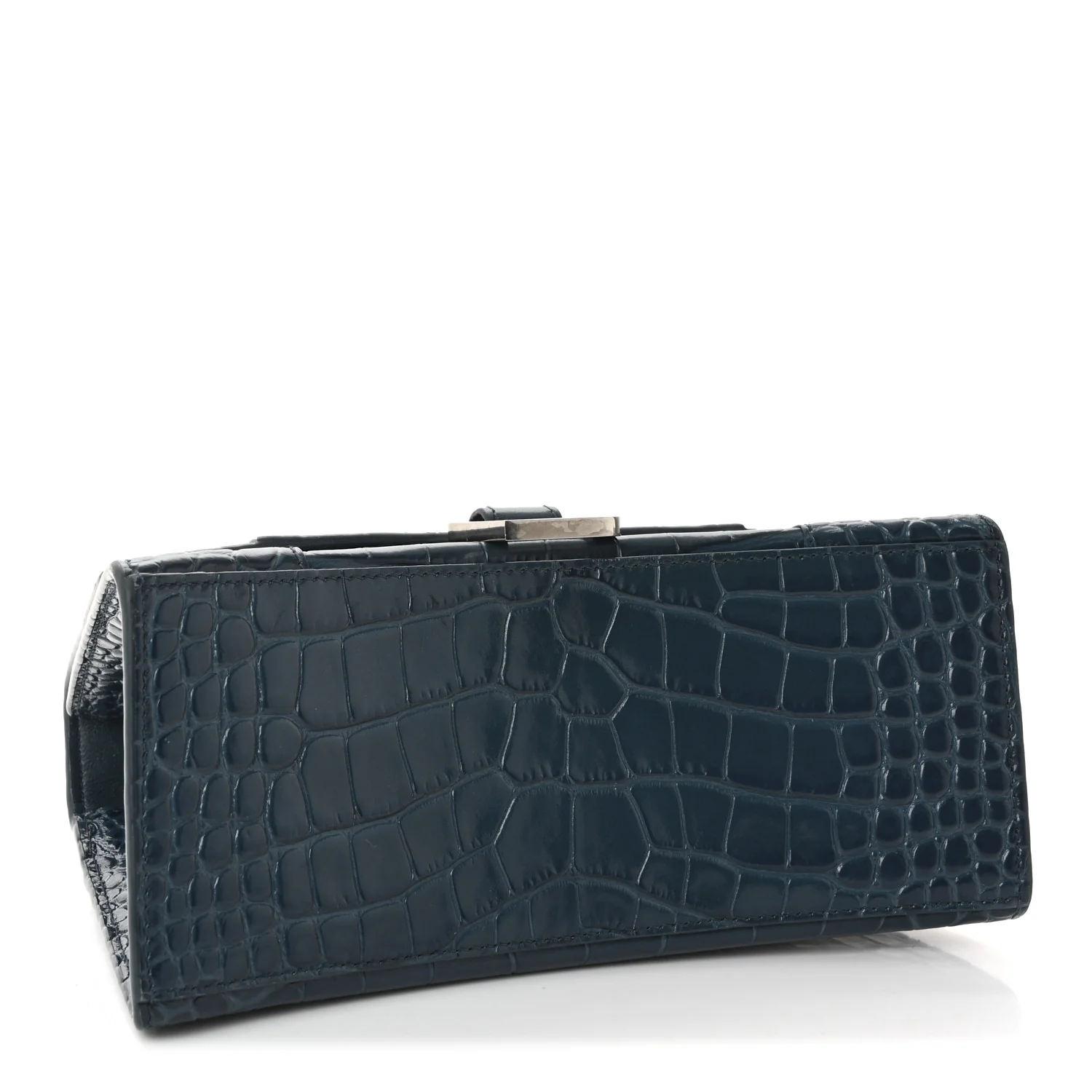 Shiny Calfskin Crocodile Embossed Small Hourglass Top Handle Bag Dark Petrol Blue - Image 4