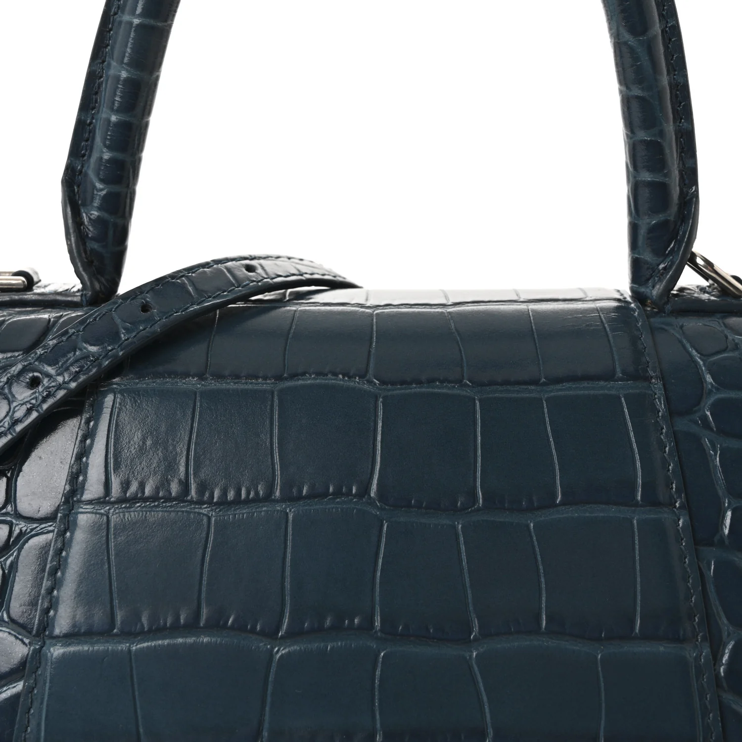 Shiny Calfskin Crocodile Embossed Small Hourglass Top Handle Bag Dark Petrol Blue - Image 7